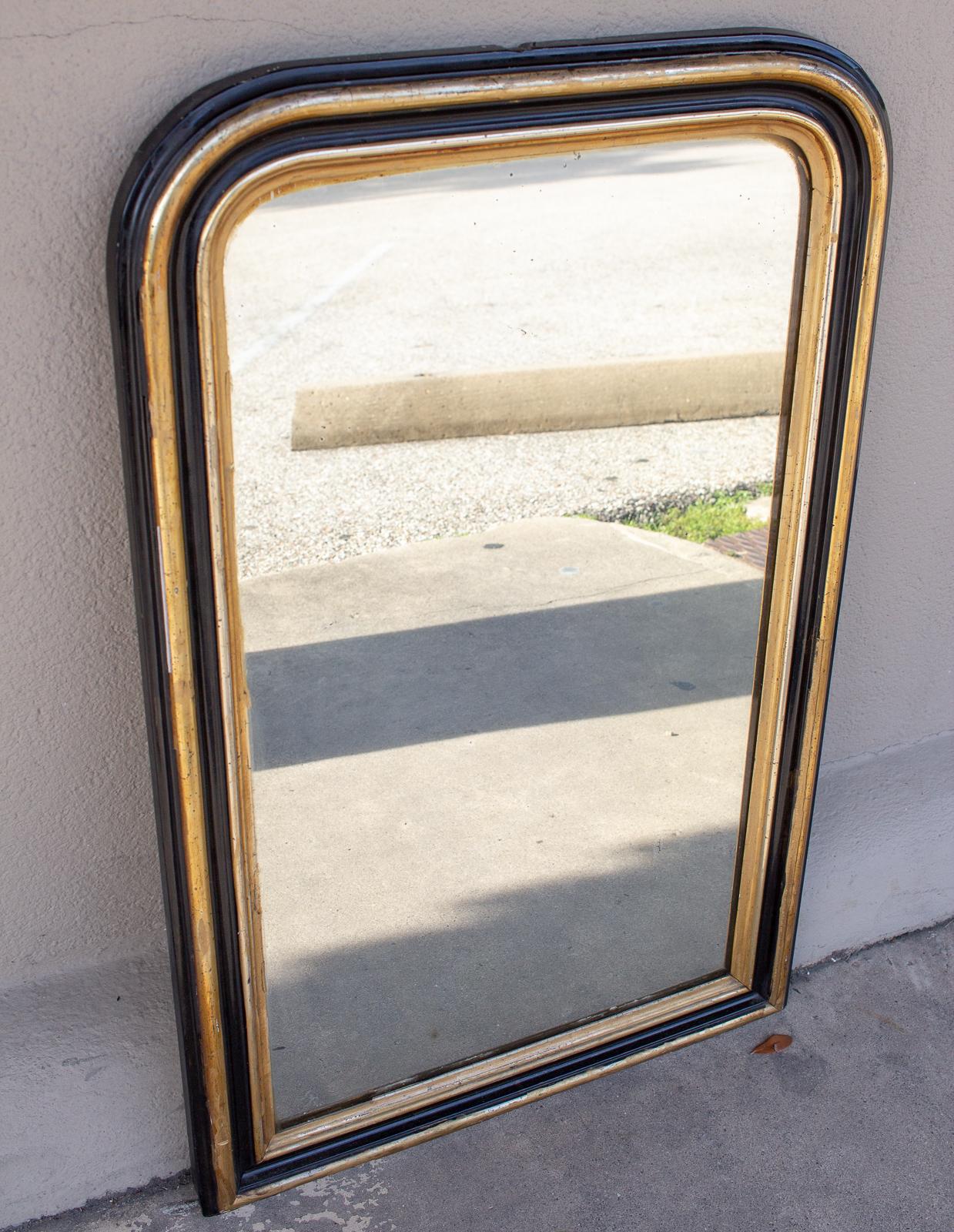 Early 20th Century Small Antique French Black Lacquer and Gilt Frame Louis Philippe Mirror