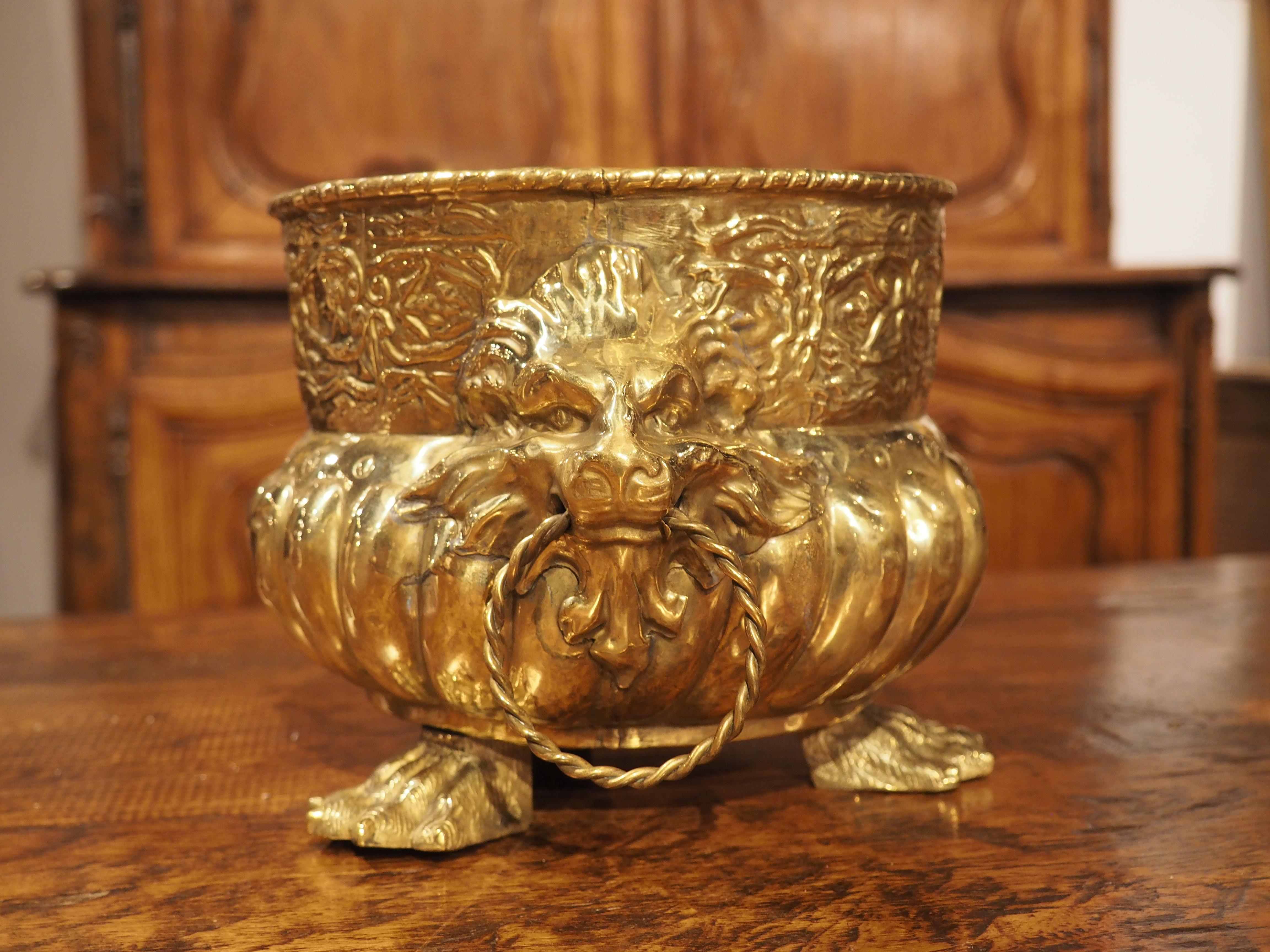 Small Antique French Brass Repousse Jardiniere or Cachepot with Lions, Paw Feet 4