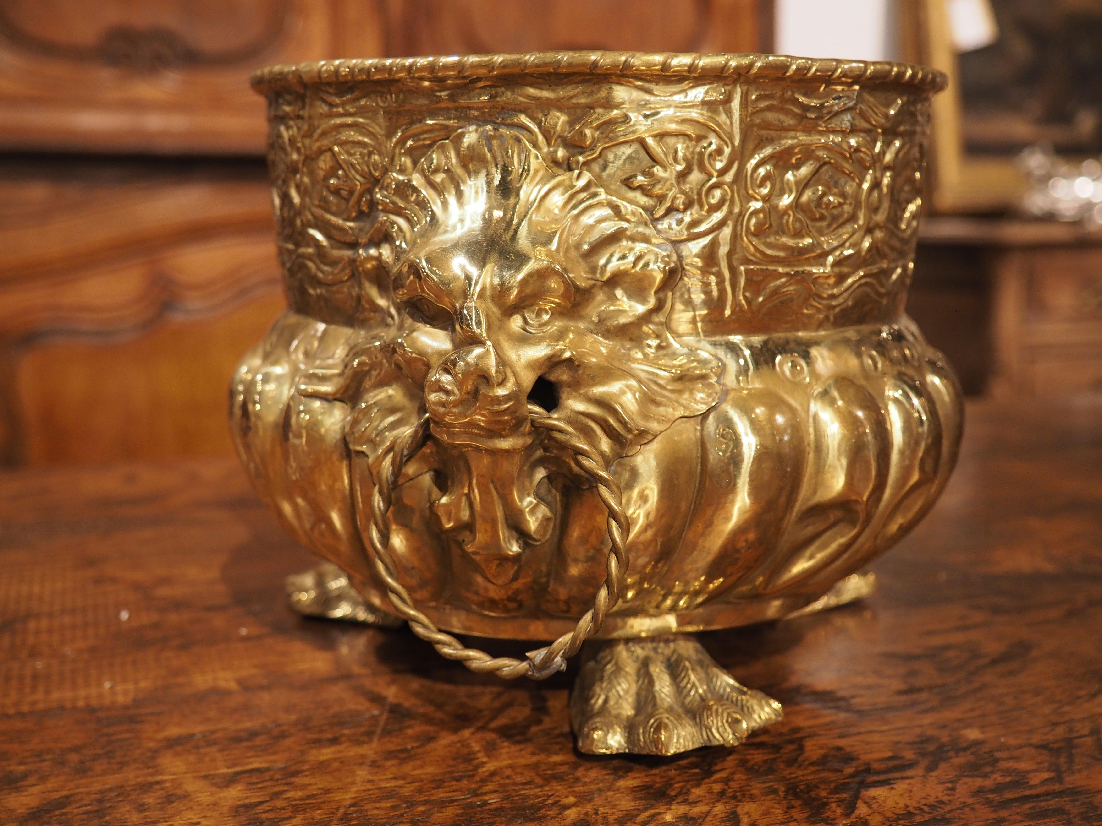 Small Antique French Brass Repousse Jardiniere or Cachepot with Lions, Paw Feet 6