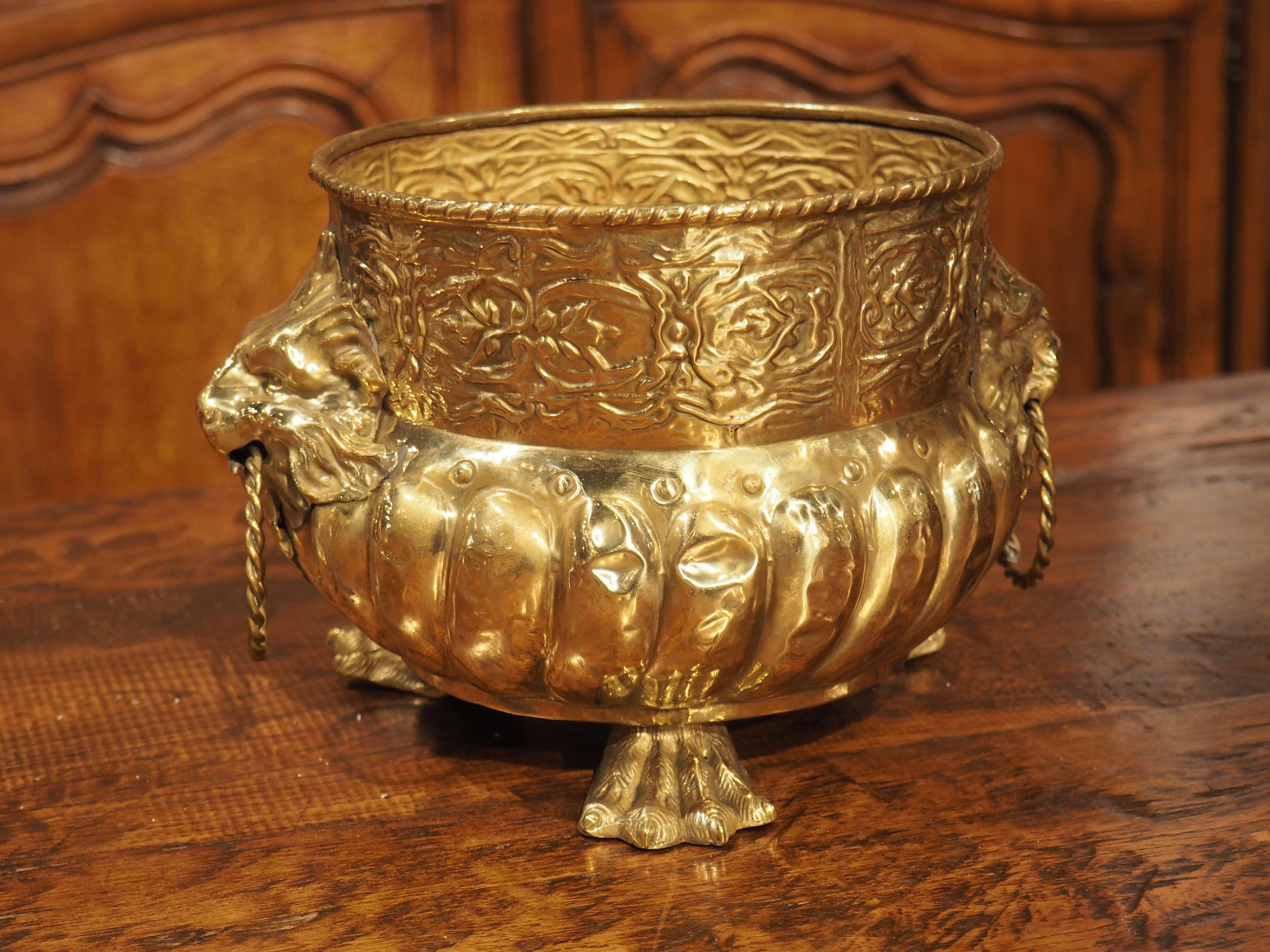 Small Antique French Brass Repousse Jardiniere or Cachepot with Lions, Paw Feet 8