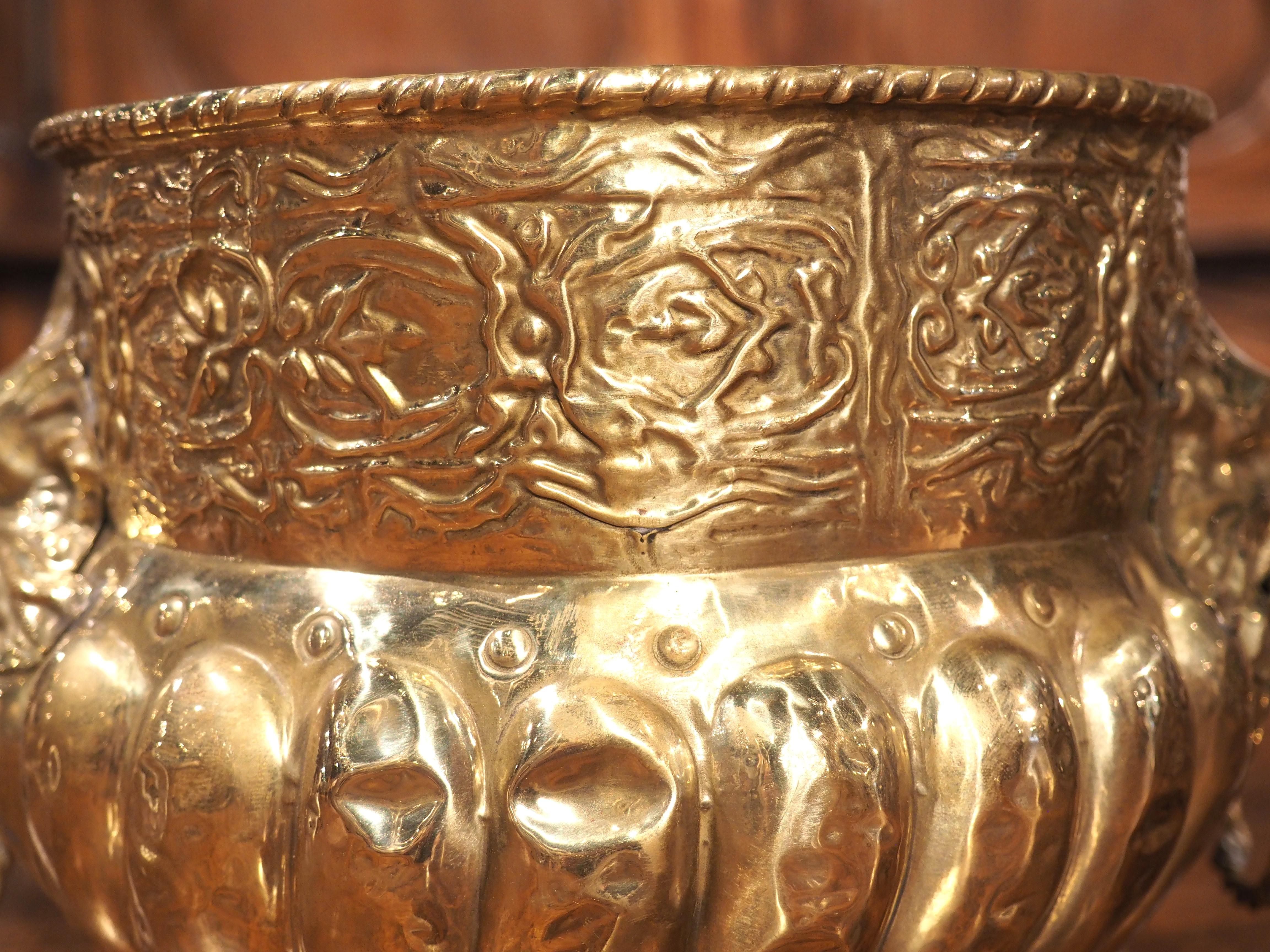 Repoussé Small Antique French Brass Repousse Jardiniere or Cachepot with Lions, Paw Feet