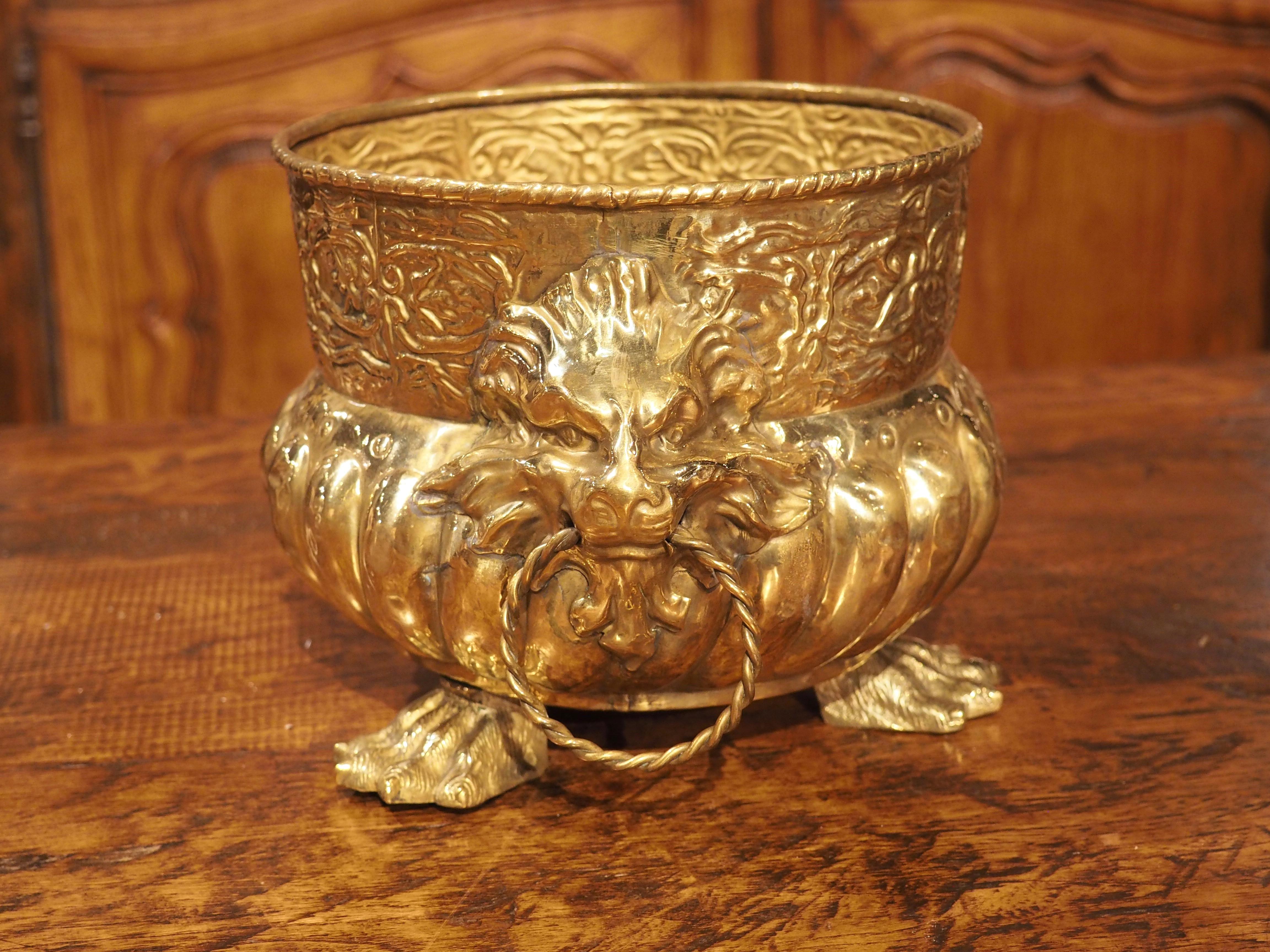Small Antique French Brass Repousse Jardiniere or Cachepot with Lions, Paw Feet 2