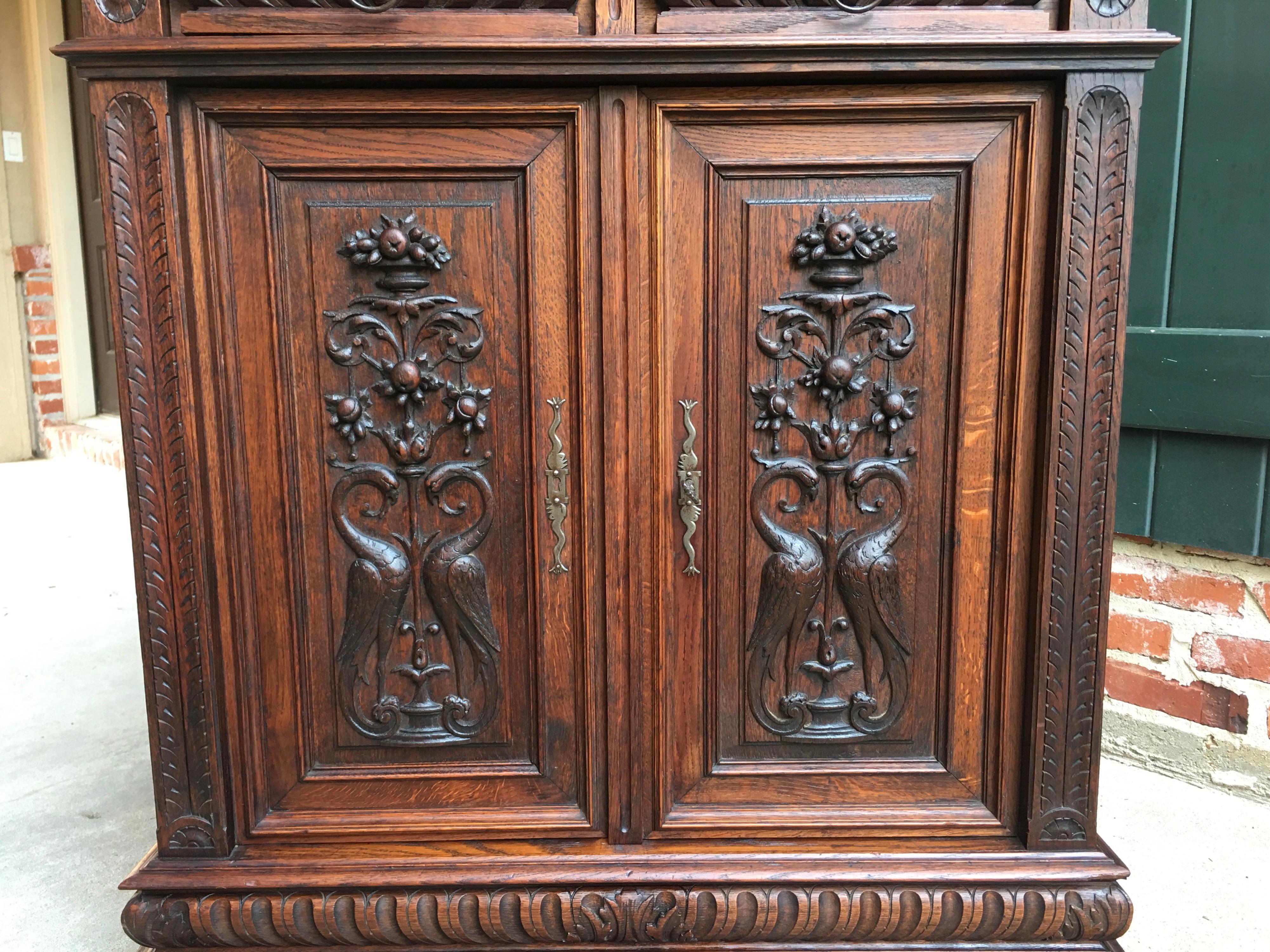 Small Antique French Carved Oak Renaissance Style Cabinet Bookcase Display 1