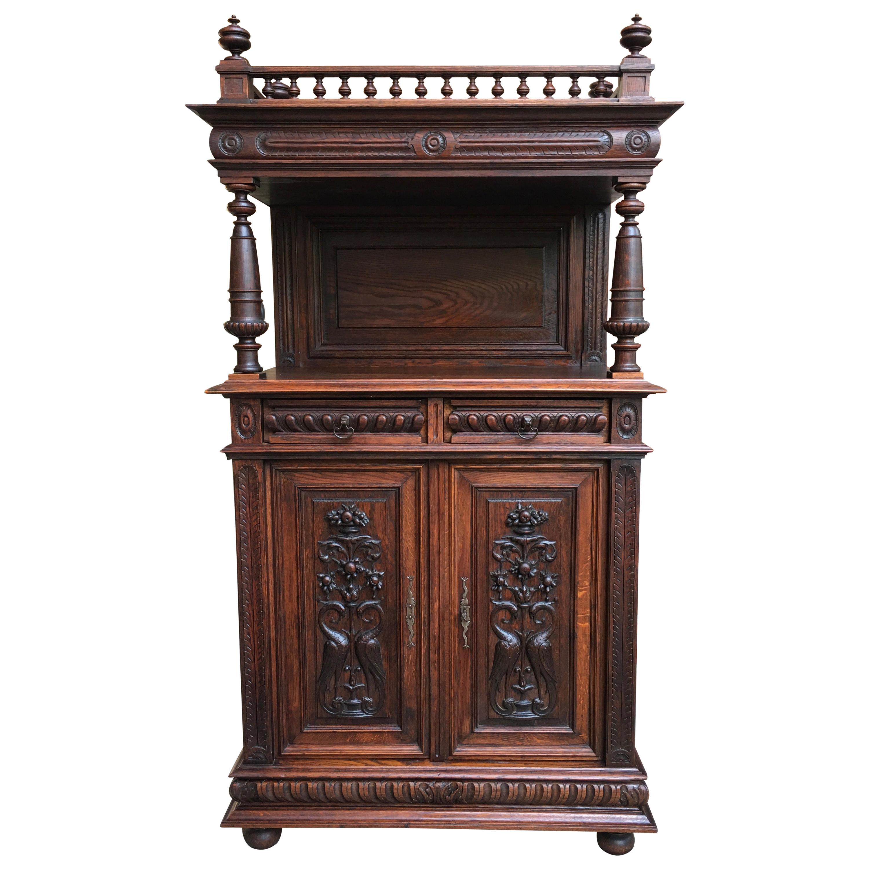 Small Antique French Carved Oak Renaissance Style Cabinet Bookcase Display