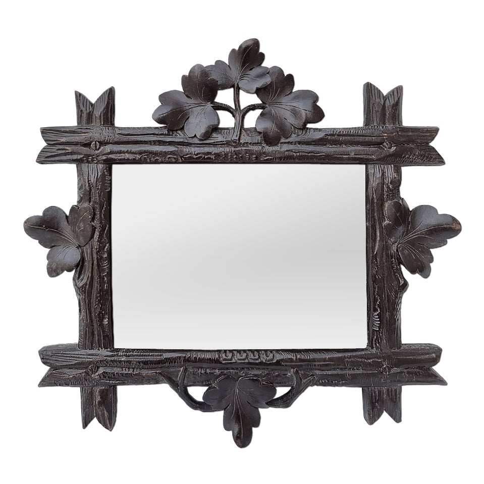 Small Antique French Carved Wood Mirror, Folk Art Style, circa 1900