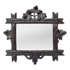 Small Antique French Carved Wood Mirror, Folk Art Style, circa 1900