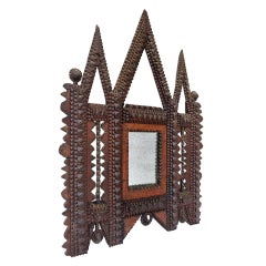Small Antique French Carved Wood Mirror, Tramp Art Style, circa 1910