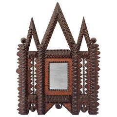 Small Antique French Carved Wood Mirror, Tramp Art Style, circa 1910