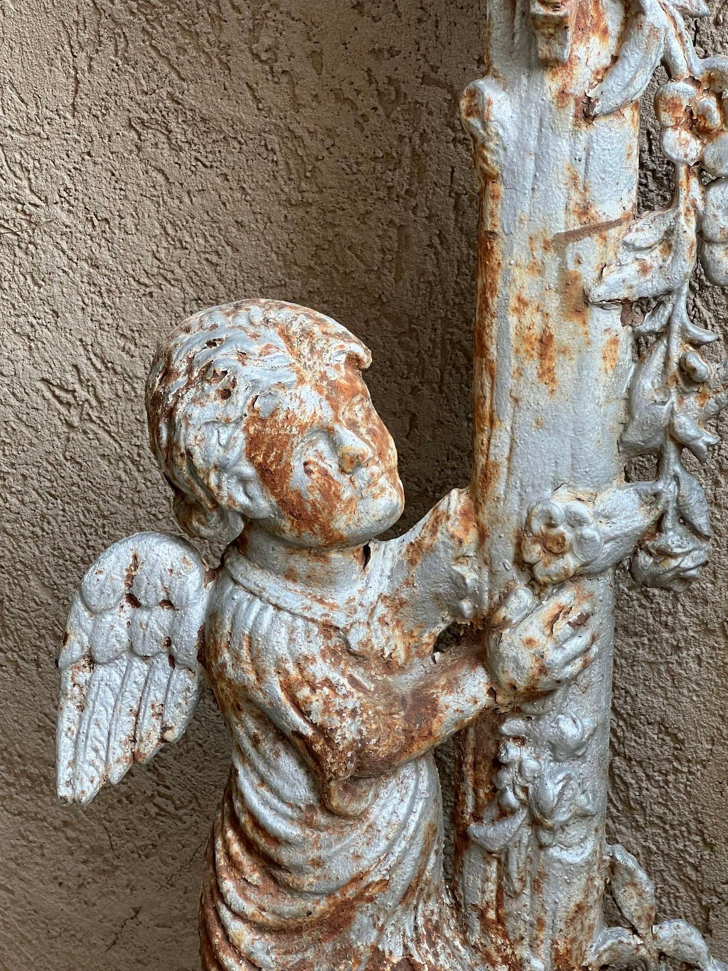 SMALL Antique French Cast Iron Cemetery Cross Crucifix Child Angel Garden Chapel For Sale 4