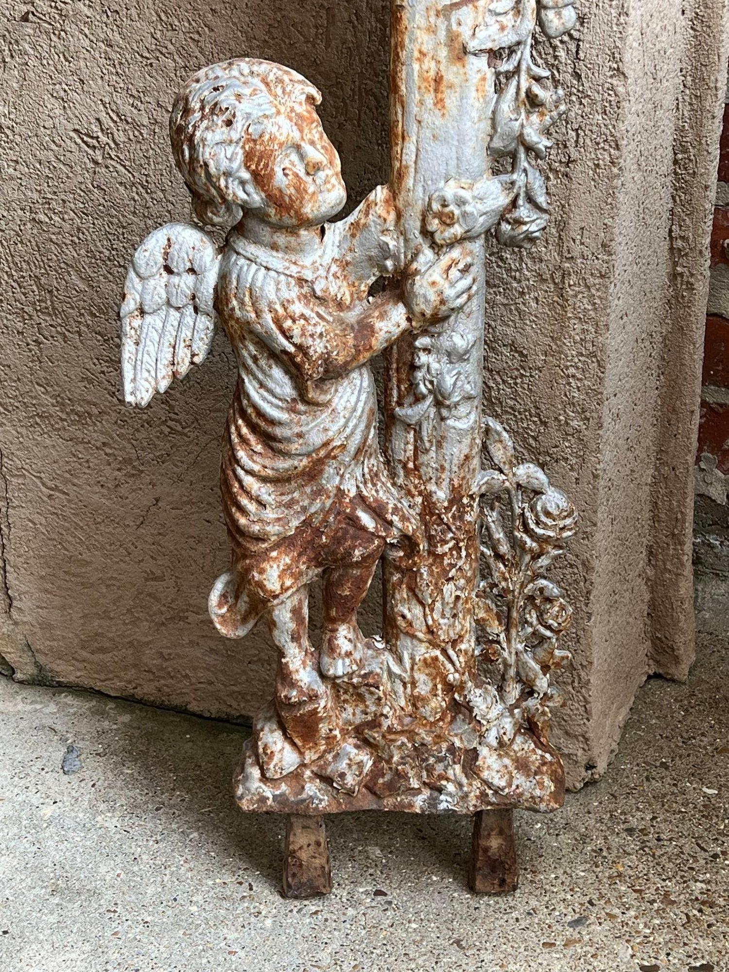 SMALL Antique French Cast Iron Cemetery Cross Crucifix Child Angel Garden Chapel For Sale 14