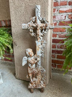 SMALL Antique French Cast Iron Cemetery Cross Crucifix Child Angel Garden Chapel