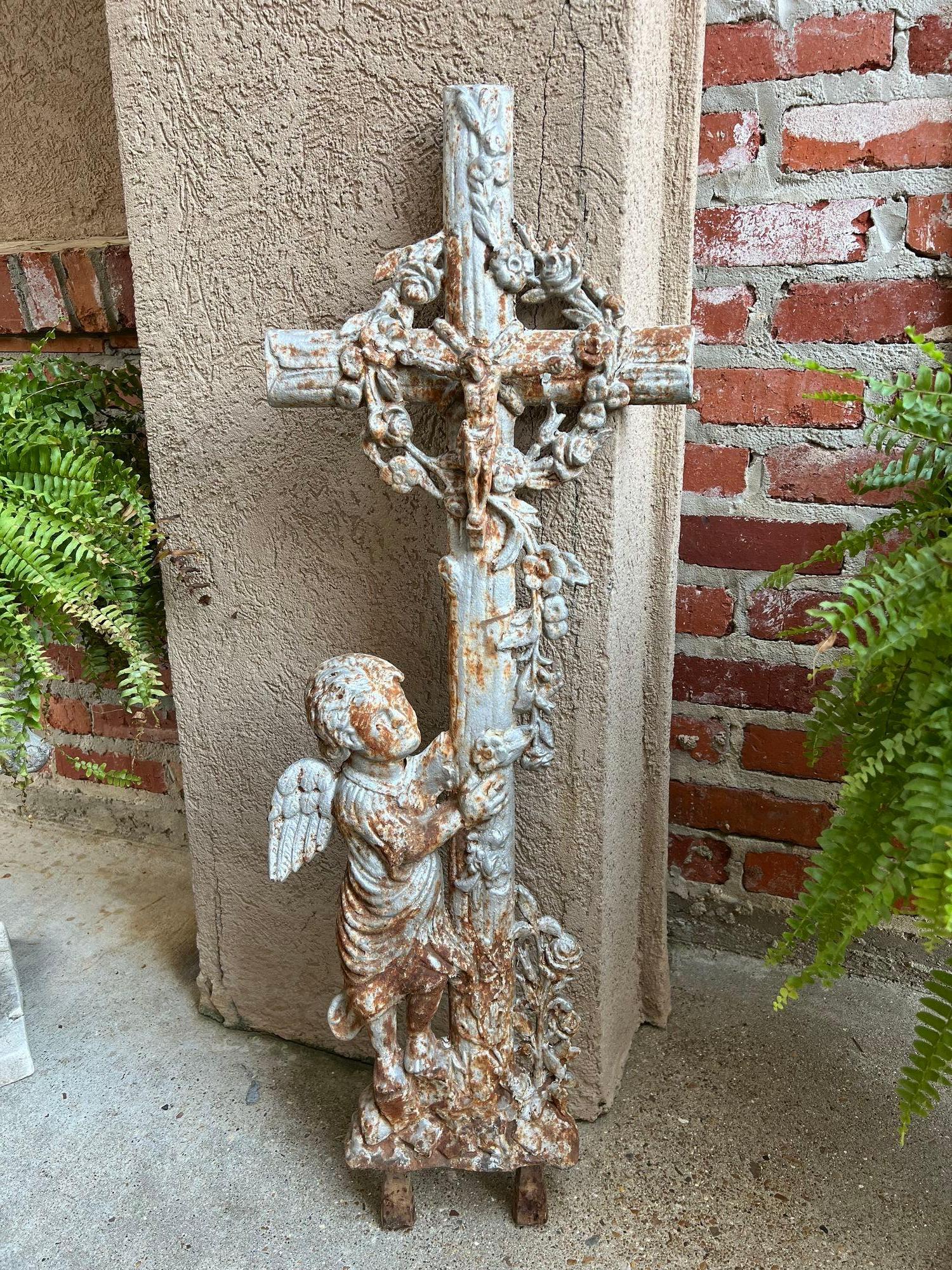 Gothic SMALL Antique French Cast Iron Cemetery Cross Crucifix Child Angel Garden Chapel For Sale