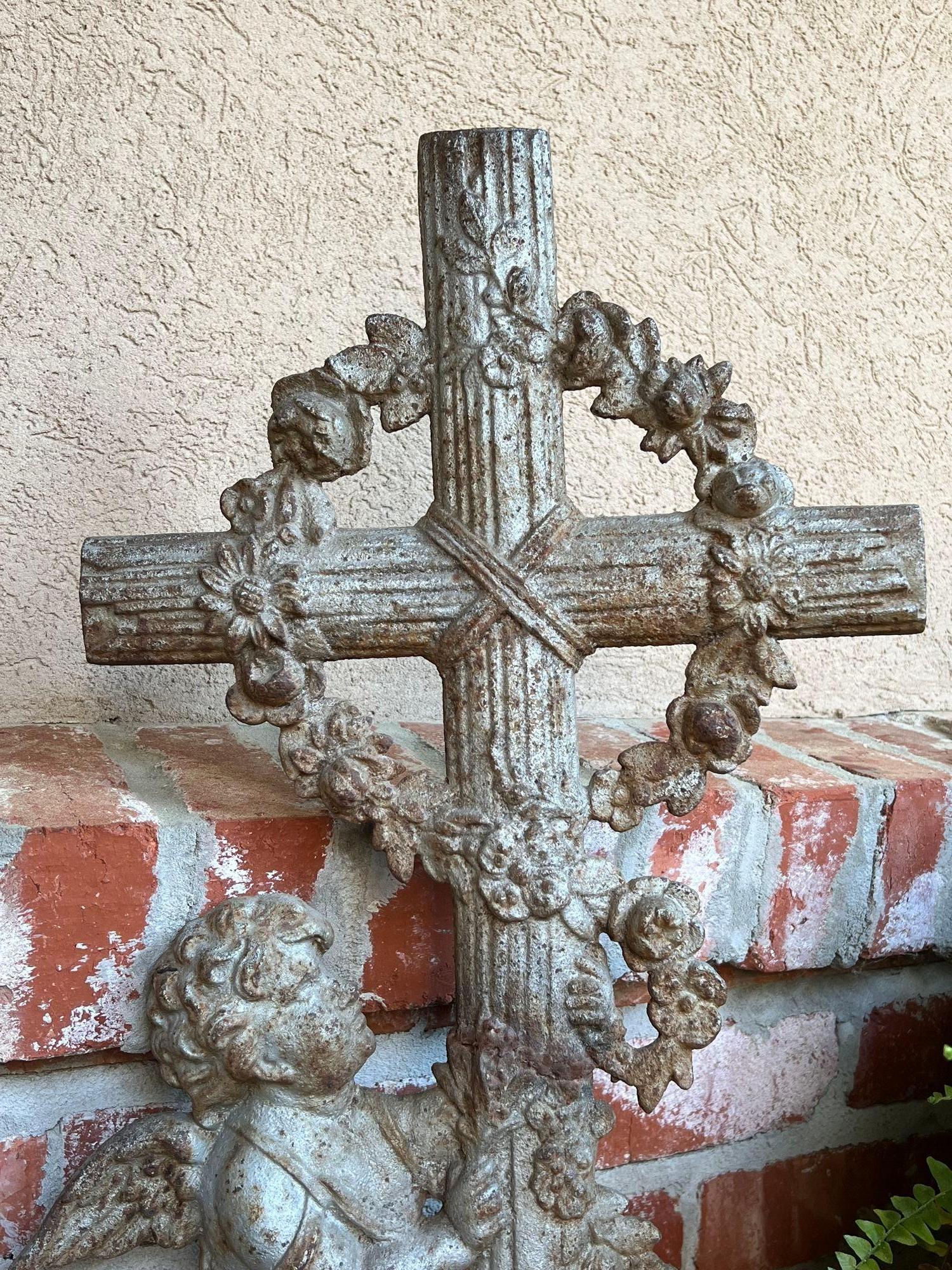 19th Century SMALL Antique French Cast Iron Cemetery Cross Crucifix Child Angel Garden Chapel