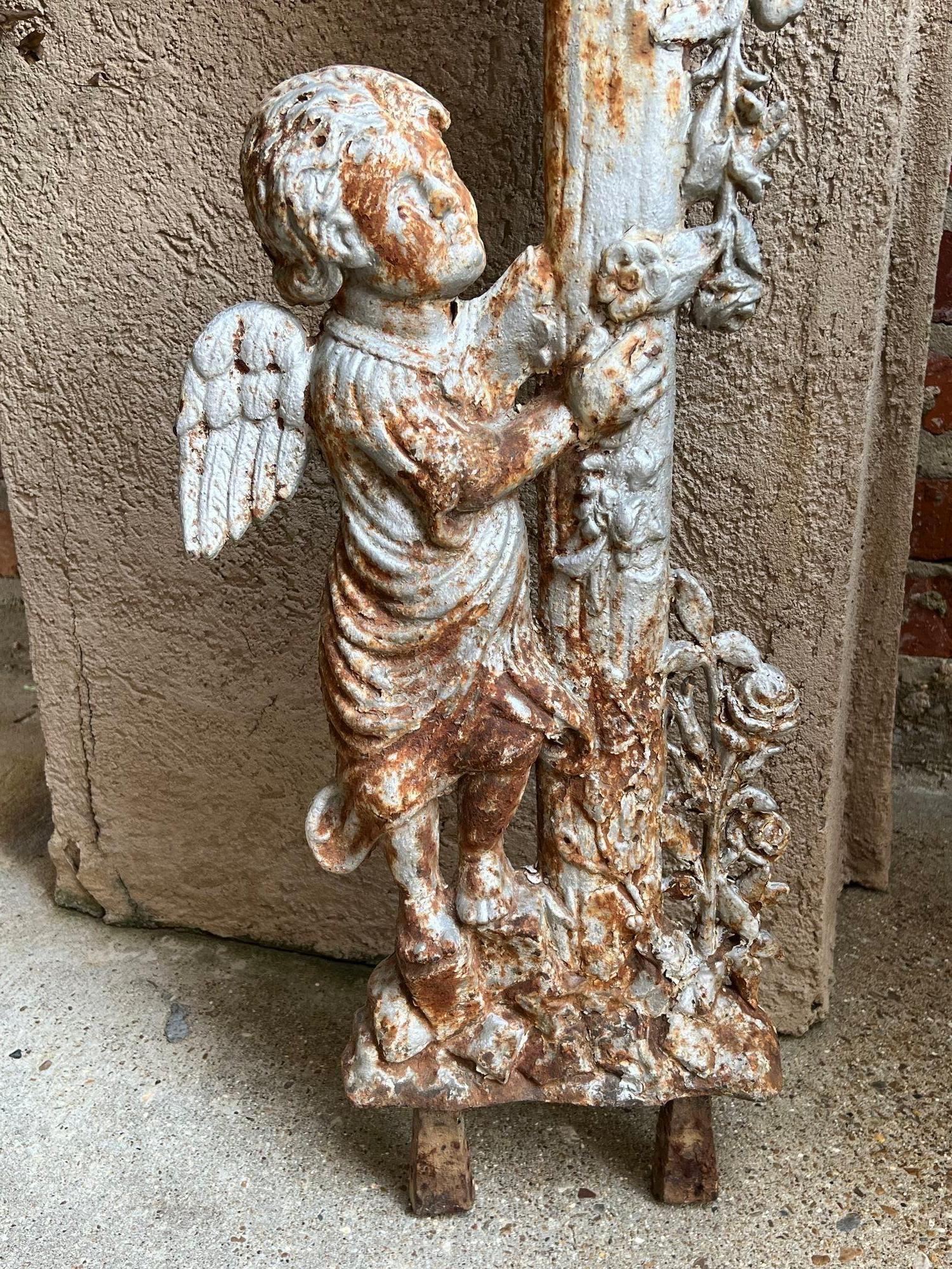 SMALL Antique French Cast Iron Cemetery Cross Crucifix Child Angel Garden Chapel For Sale 2
