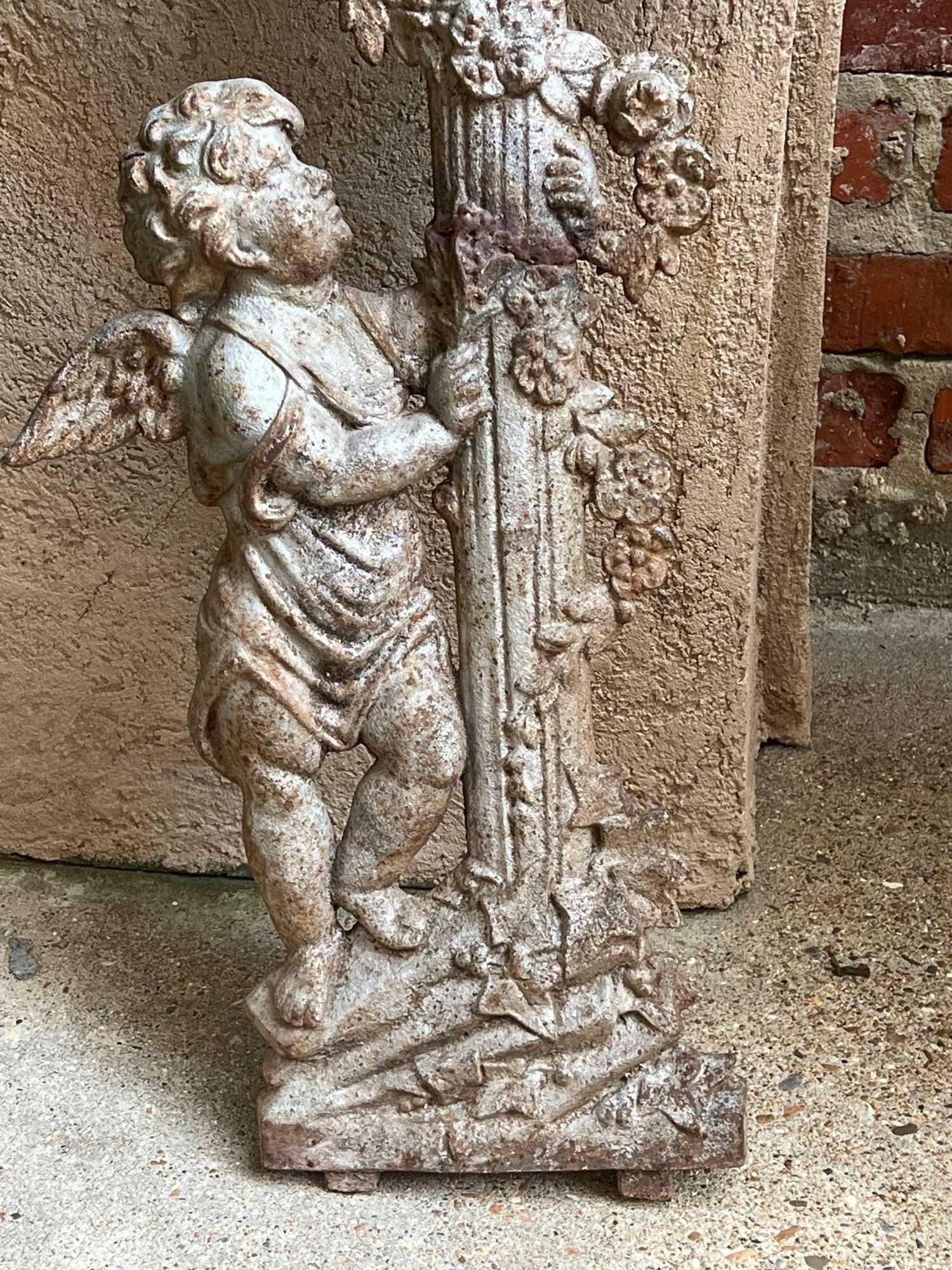SMALL Antique French Cast Iron Cemetery Cross Crucifix Child Angel Garden Chapel For Sale 3