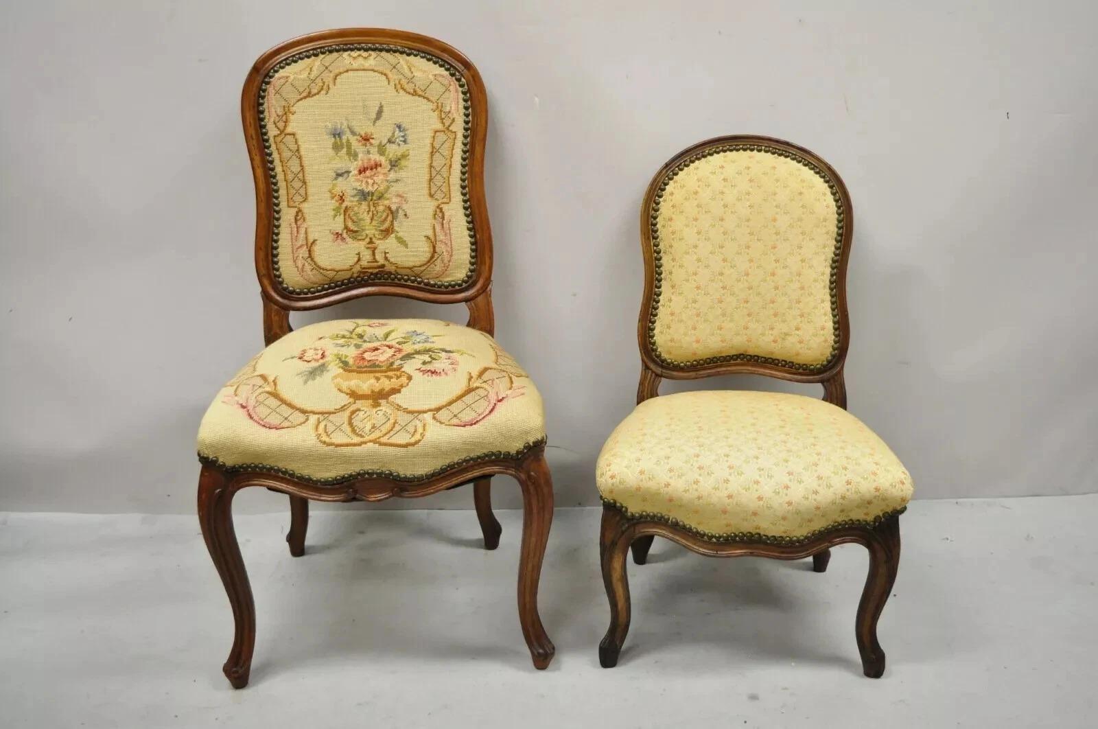 Small Antique French Country Provincial / Louis XV Style Carved Walnut Boudoir Side Chair. Item features a small boudoir size, solid wood frame, nicely carved details, cabriole legs, quality French craftsmanship. Circa Early 20th Century.