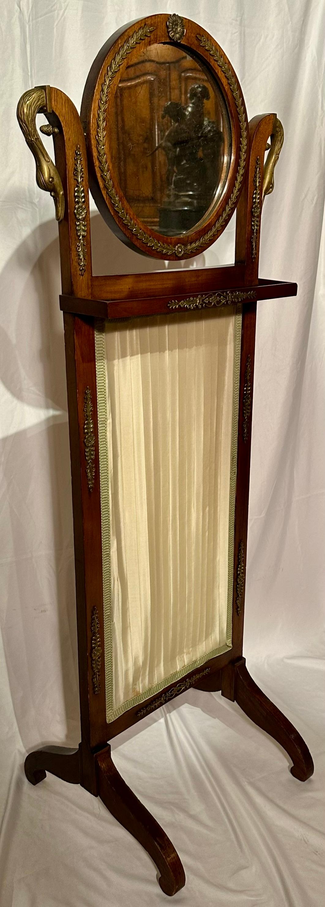 Unusual Small Size Antique French Empire Mahogany and Gold Bronze Cheval Mirror, Circa 1890.