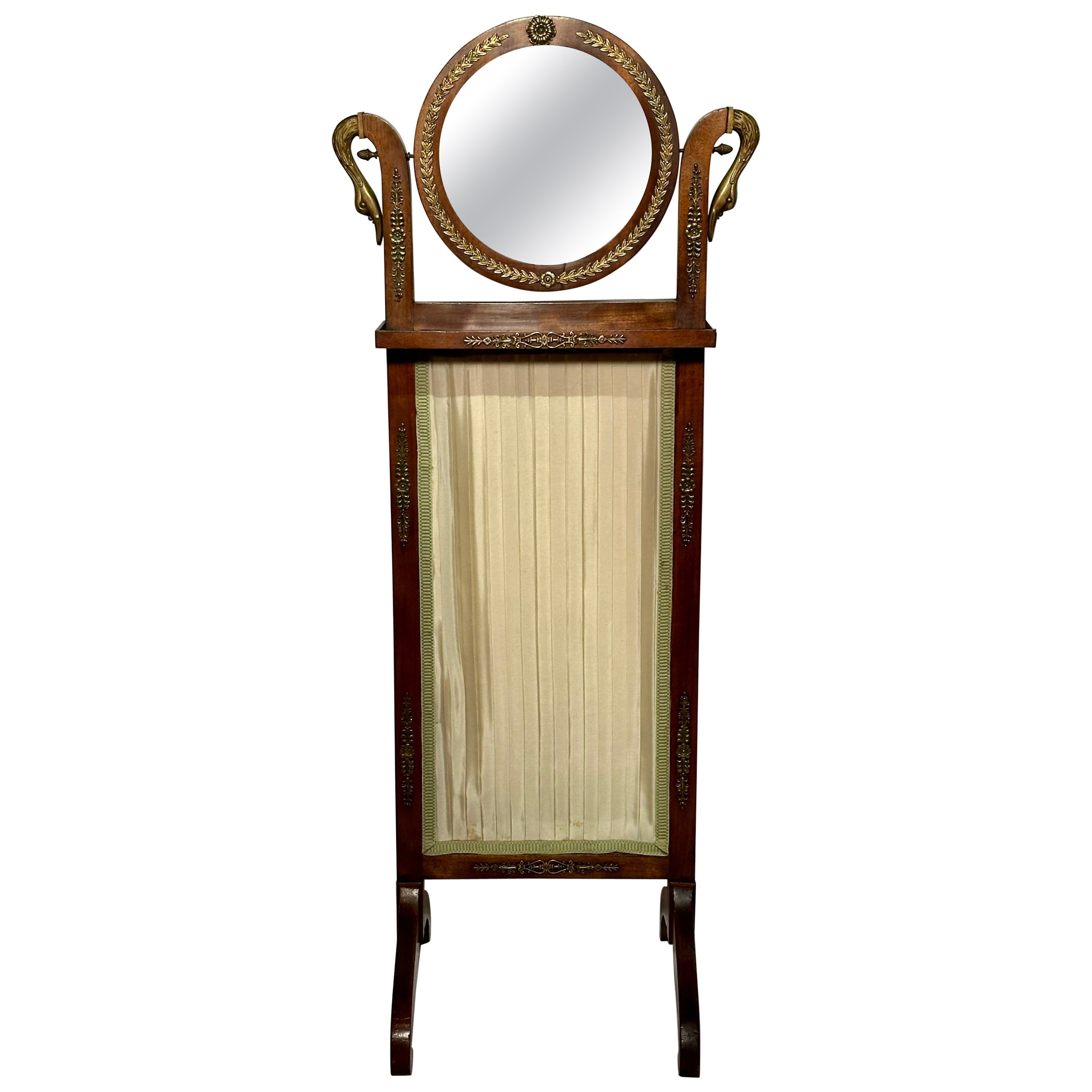Small Antique French Empire Mahogany and Gold Bronze Cheval Mirror, Circa 1890. For Sale