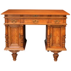 Small Antique French Gründerzeit Desk, Kids Desk, Oak and Walnut Veneer