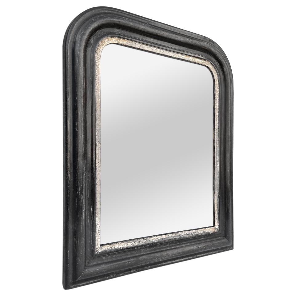 Small antique French 19th century Louis-Philippe mirror, circa 1890. Antique frame black colors and silvered patinated leaf. (Antique frame width measure: 7 cm / 2.75 in.) Modern glass mirror. Fixing hook.