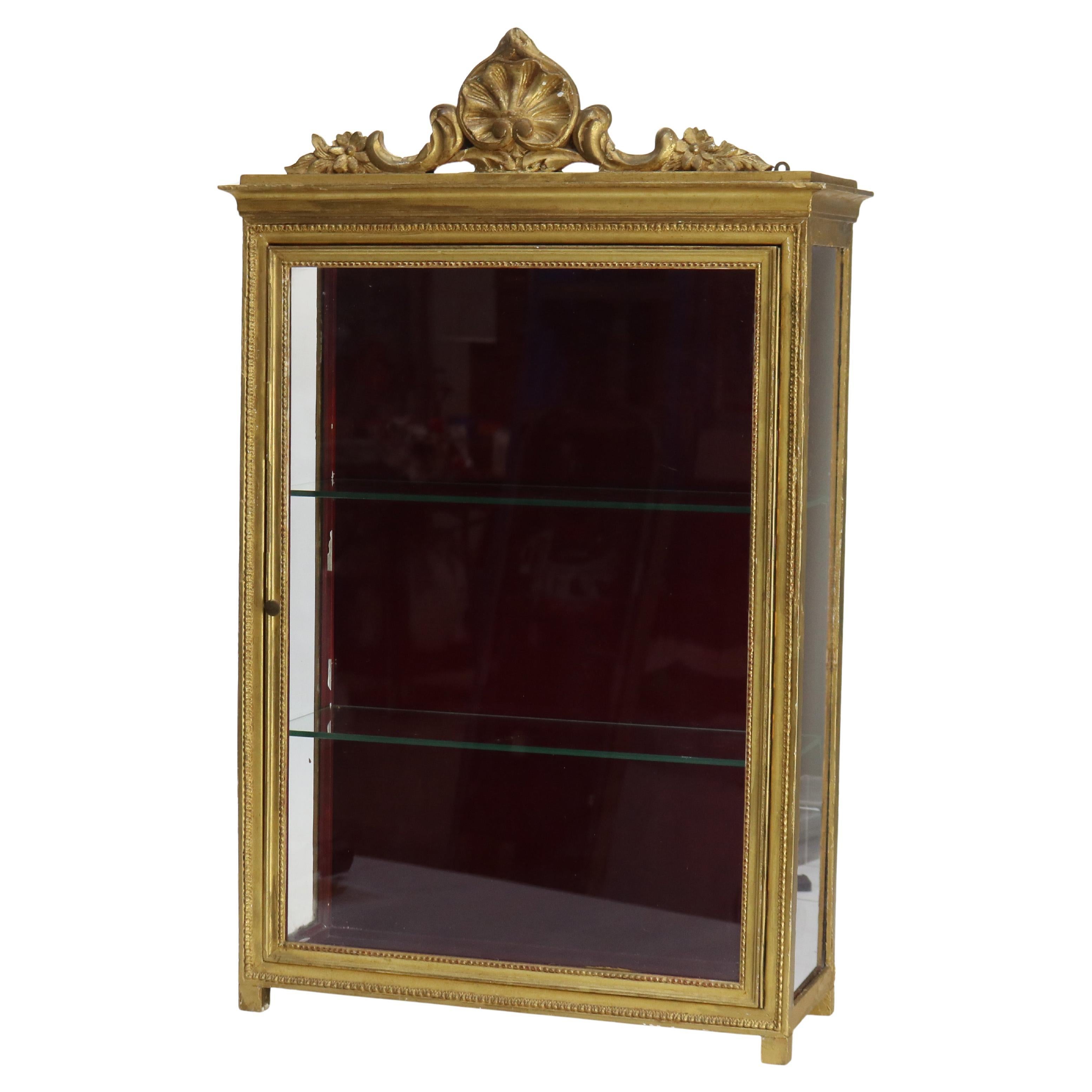 Small Antique French Louis XV Style Gilt Wood Hanging Curio Cabinet C1900