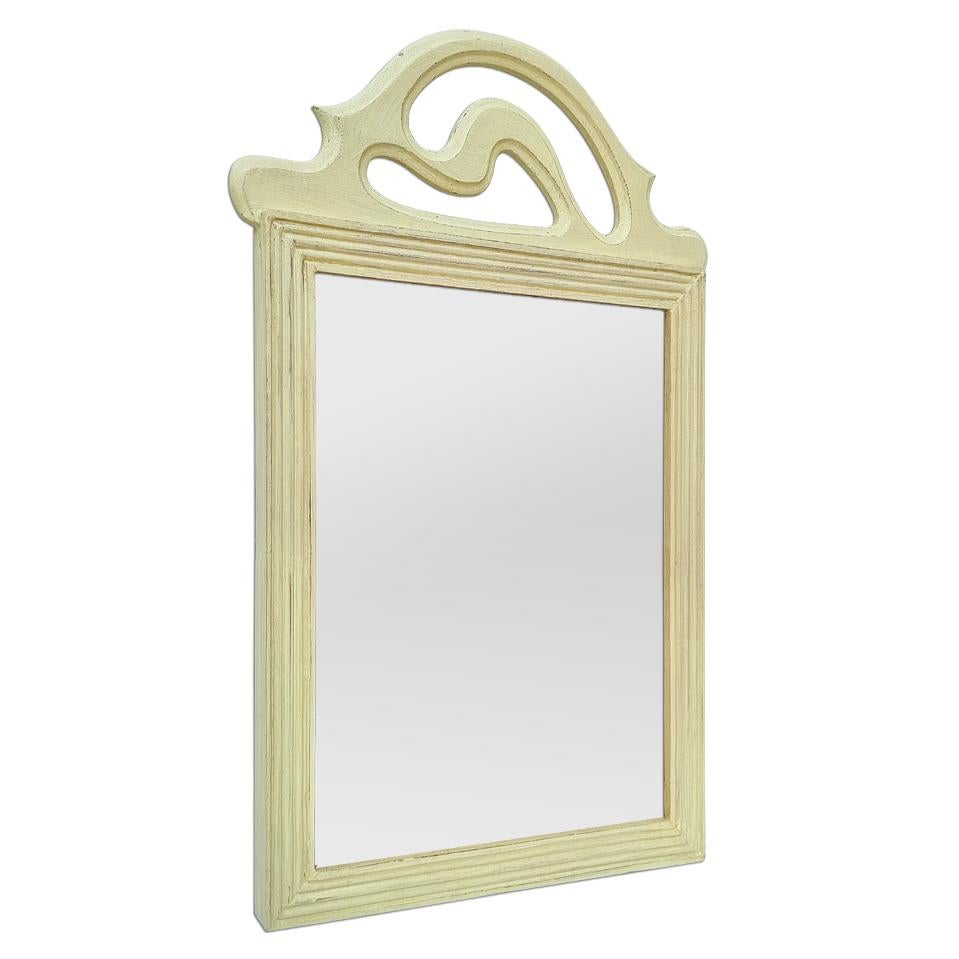 Small antique French mirror, circa 1930. Antique frame with fine flutes and pediment in Art Deco style, wood painted patina green-lemon. Antique frame width: 3 cm / 1.18 in. Modern glass mirror. Antique wood back.
