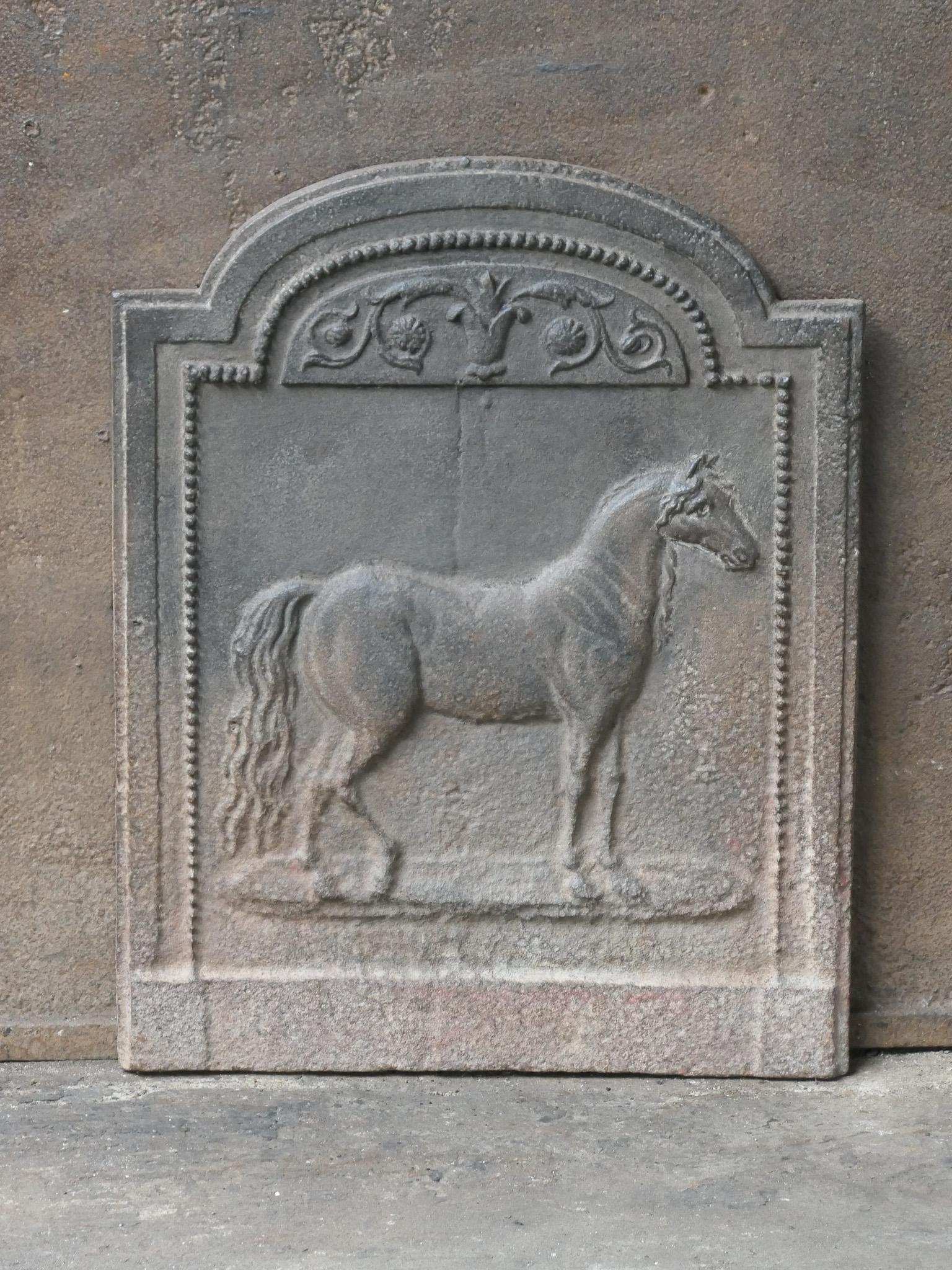 19th century French Napoleon III period fireback with a horse.

The fireback is made of cast iron and has a brown patina. Upon request it can be made black / pewter at no extra cost. The condition is good. It does not have cracks.

