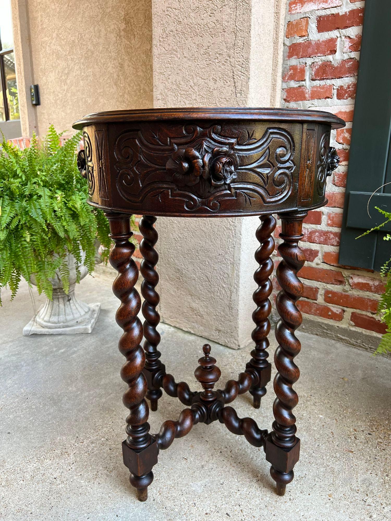 Small Antique French ROUND Center Side TABLE Barley Twist Renaissance Carved Oak For Sale 7