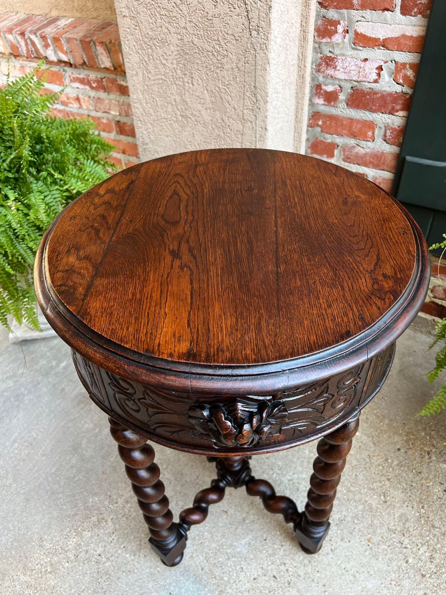 Small Antique French ROUND Center Side TABLE Barley Twist Renaissance Carved Oak For Sale 13
