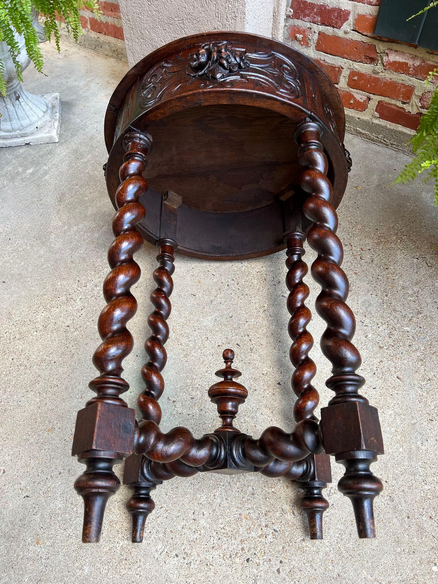 Small Antique French ROUND Center Side TABLE Barley Twist Renaissance Carved Oak For Sale 14