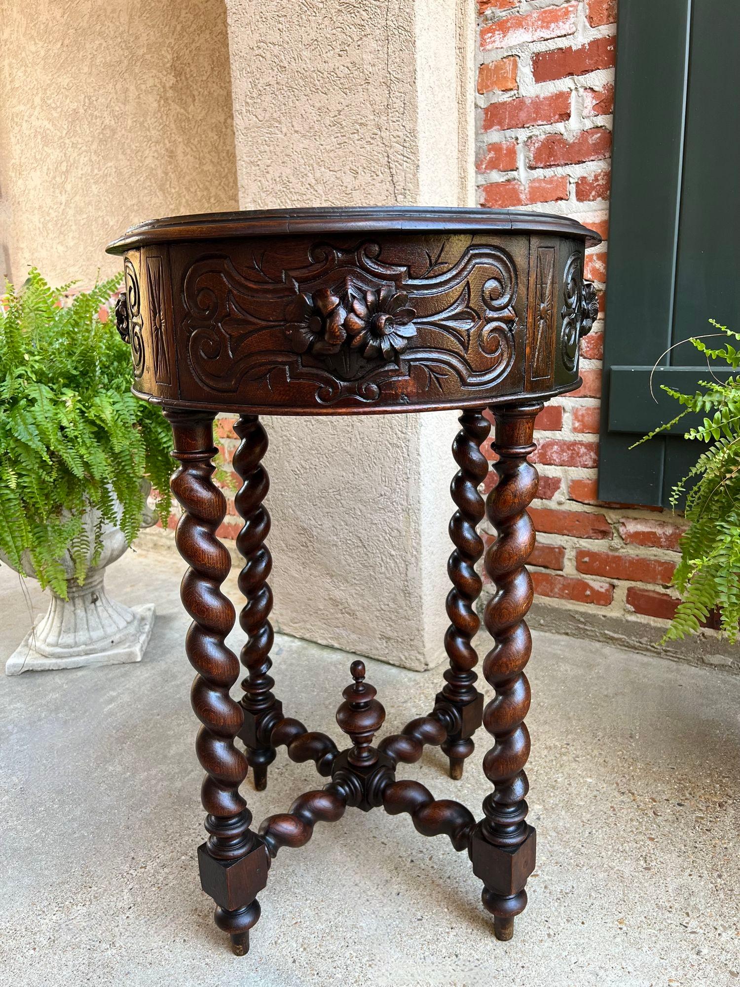 Hand-Carved Small Antique French ROUND Center Side TABLE Barley Twist Renaissance Carved Oak For Sale