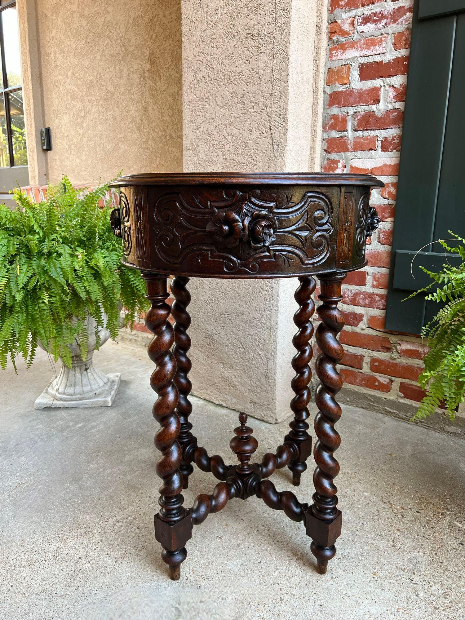 19th Century Small Antique French ROUND Center Side TABLE Barley Twist Renaissance Carved Oak For Sale