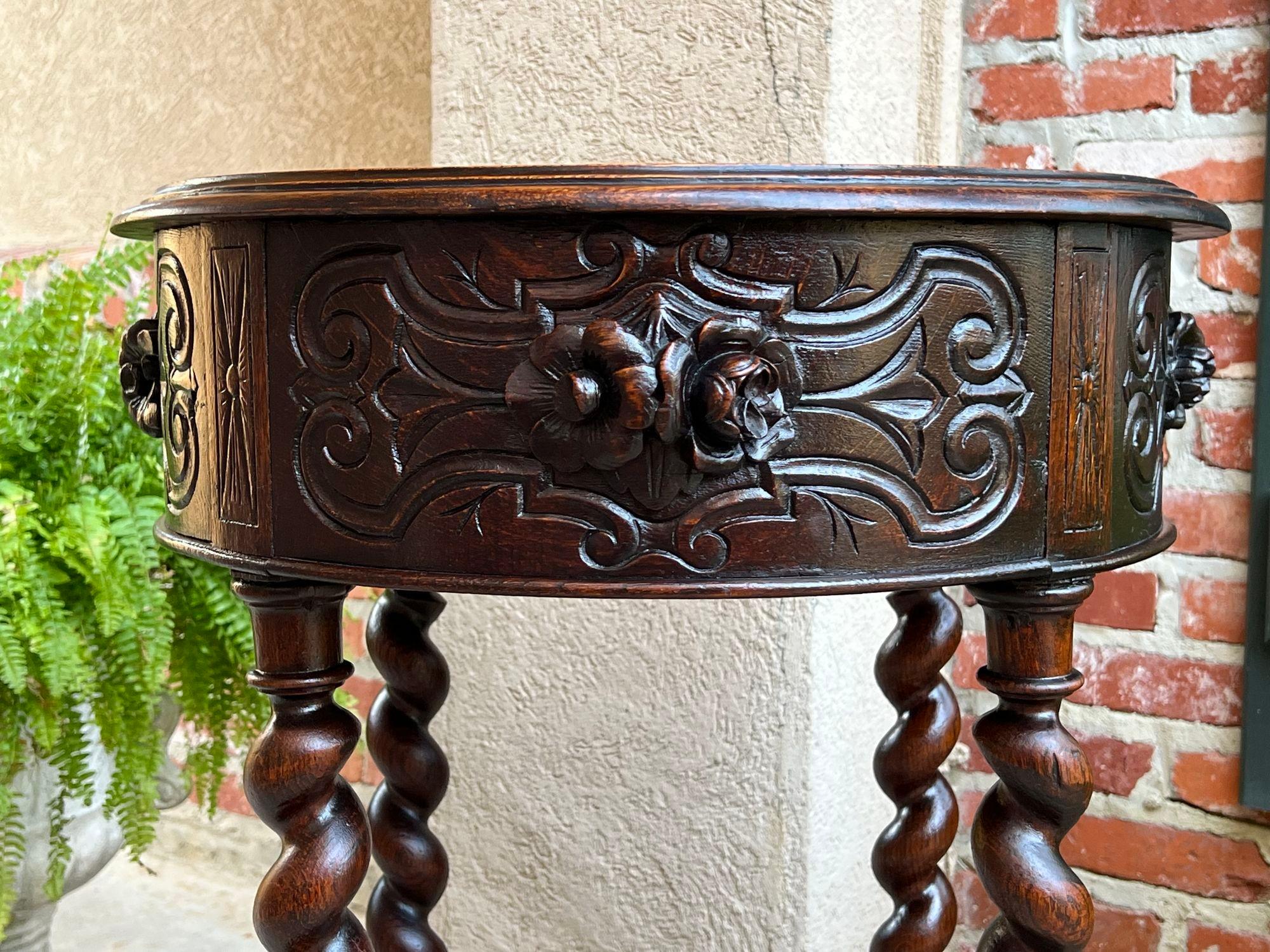 Small Antique French ROUND Center Side TABLE Barley Twist Renaissance Carved Oak For Sale 2
