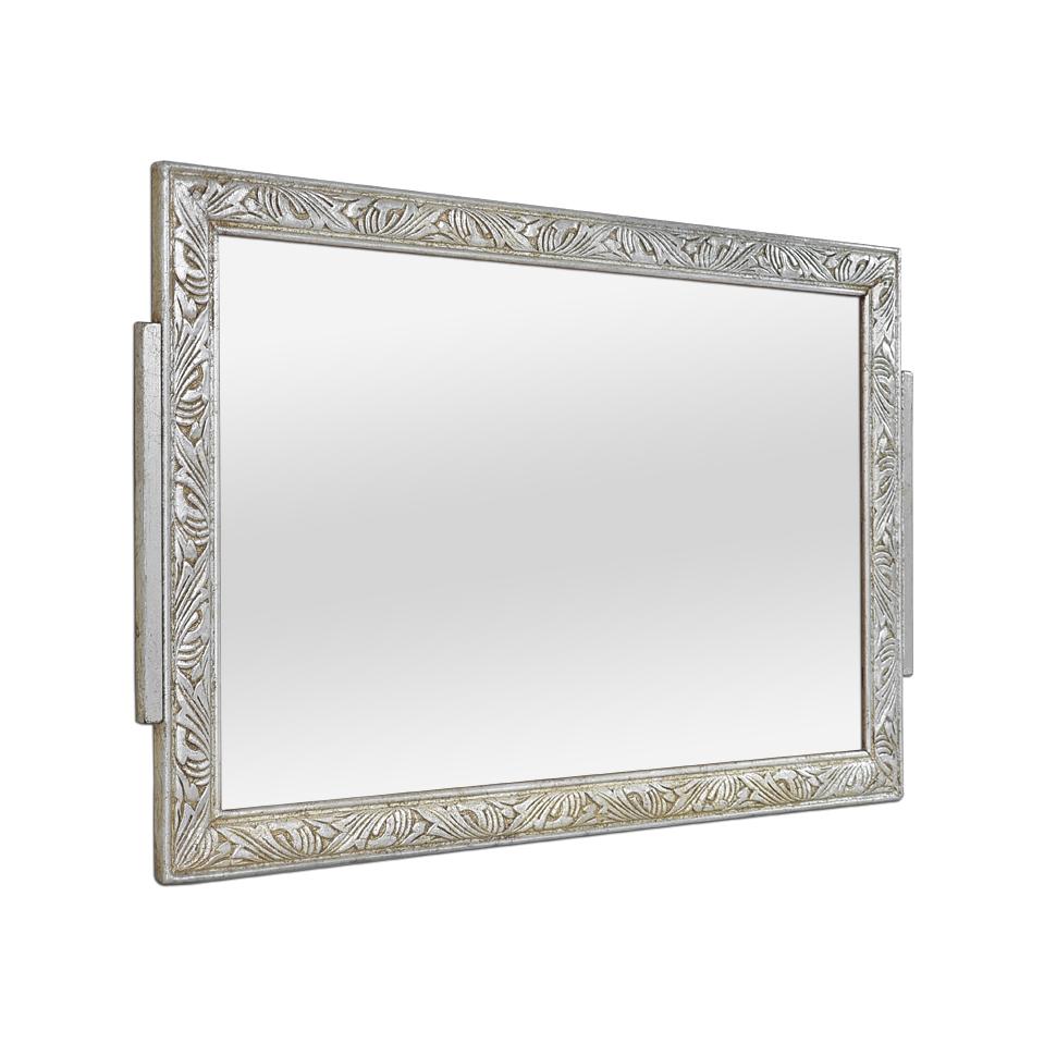 Small French antique silvered wood mirror, Art Nouveau period, circa 1900. Antique frame decorated with stylized leaves and foliage. Re-gilding with patinated leaf. Frame width: 3.5 cm / 1.37 in. Modern glass mirror. Antique wooden rear panel.