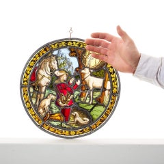 Small Antique German Religious Stained Glass Roundel