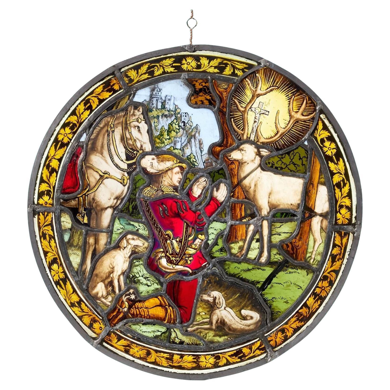 Kleines antikes deutsches religiöses Stained glass Rondell im Angebot