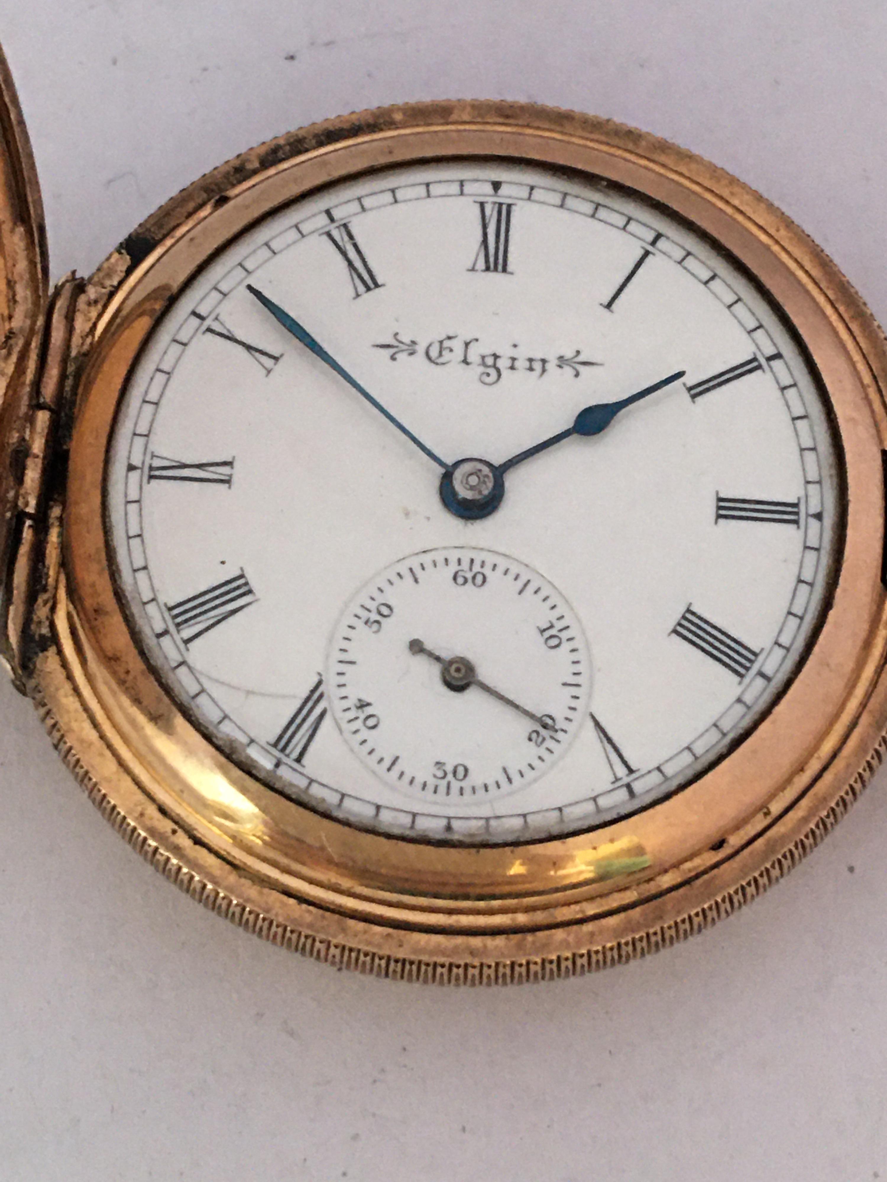 Small Antique Gold-Plated Full Hunter Elgin National Watch Co. Pocket Watch 9