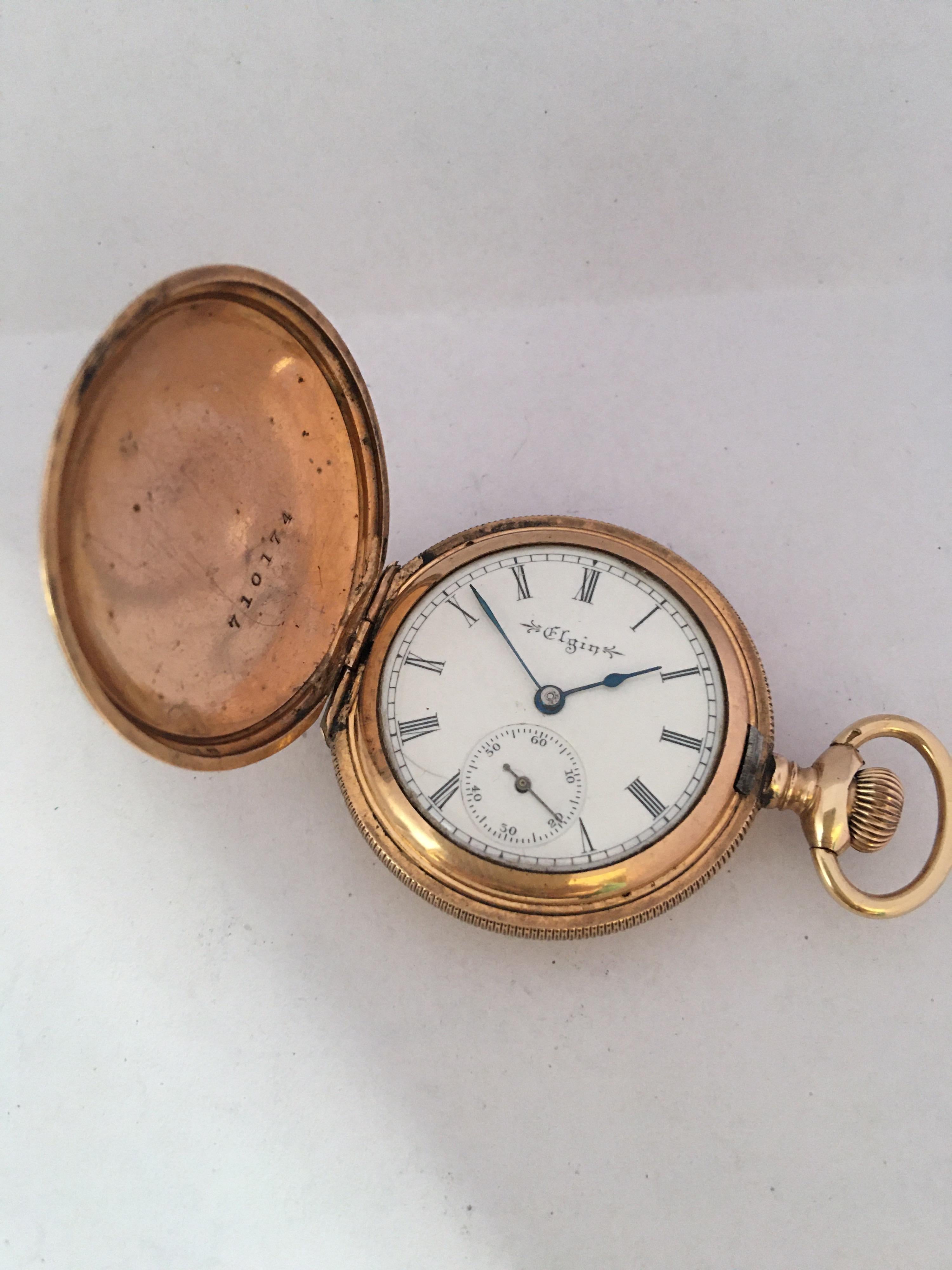 Small Antique Gold-Plated Full Hunter Elgin National Watch Co. Pocket Watch 10