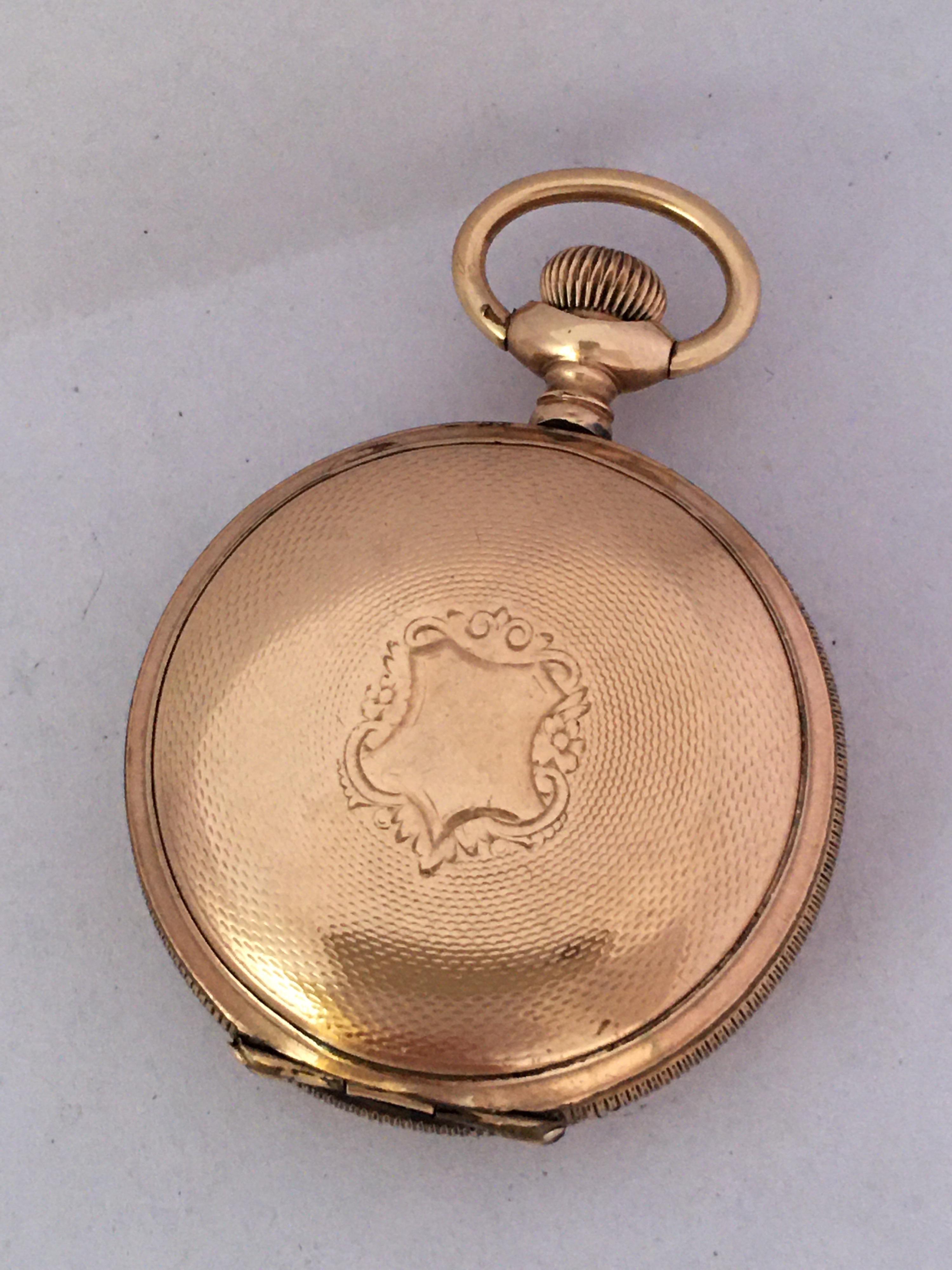 Elgin National Watch Co. gold plated lever hunter fob watch, circa 1898, seven jewels, no. 7953068, signed dial with Roman numerals and subsidiary seconds, engine turned case, 36mm watch diameter.

Condition:
Movement - currently functioning and it