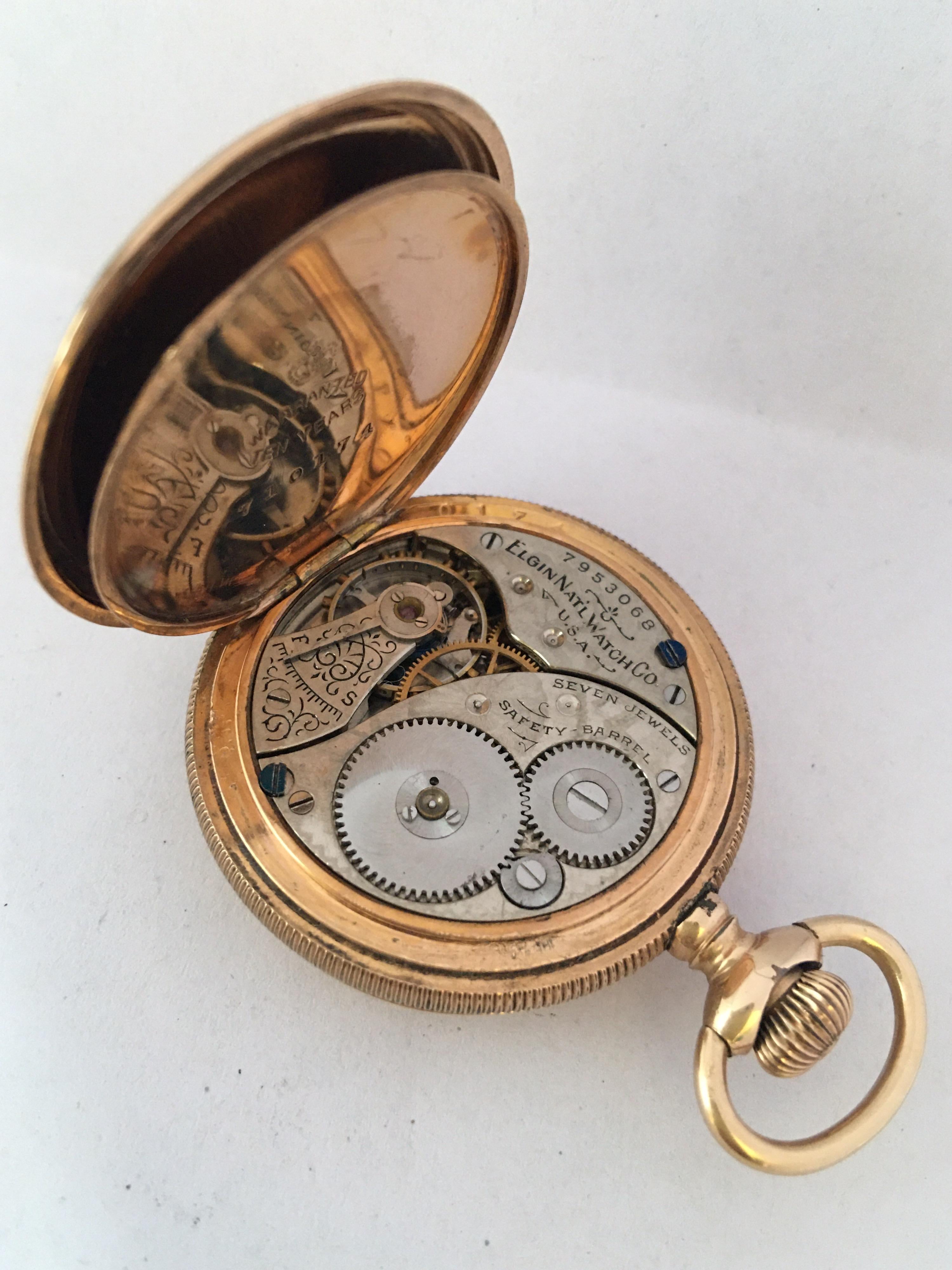 Small Antique Gold-Plated Full Hunter Elgin National Watch Co. Pocket Watch 1