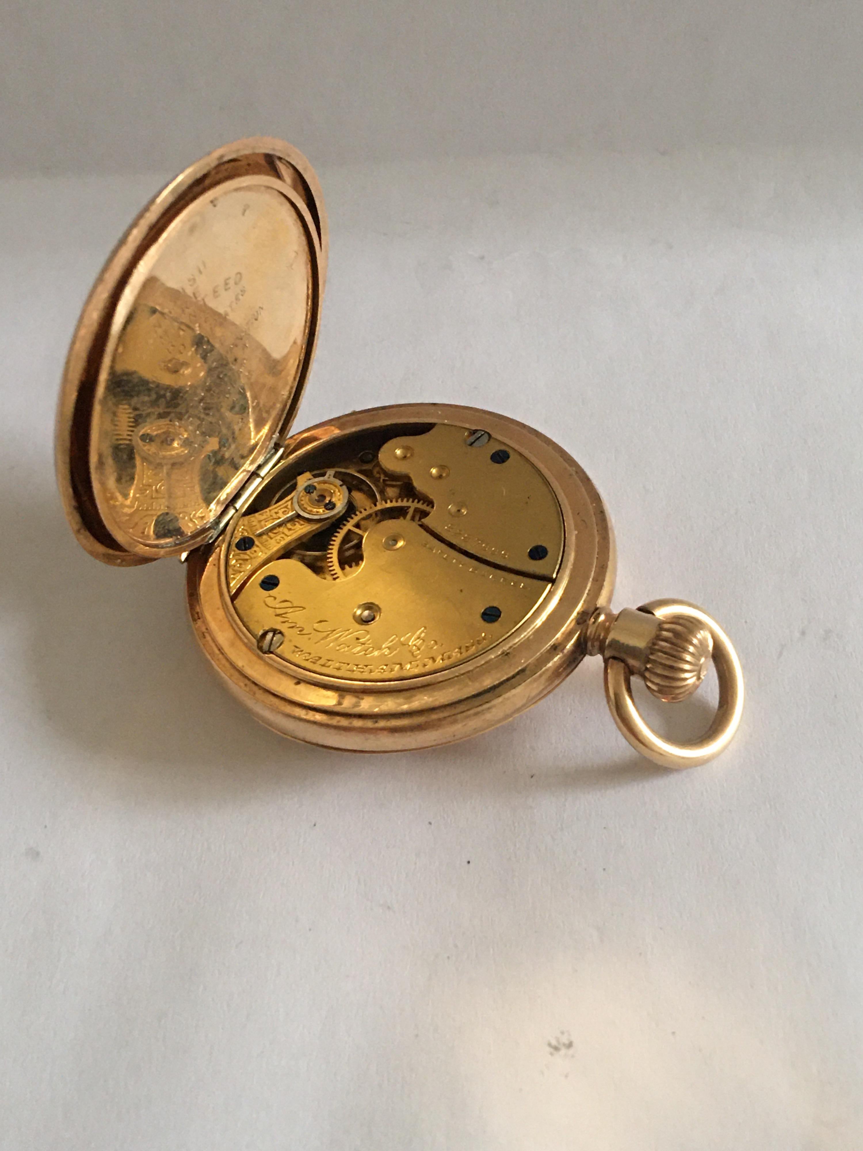 Small Antique Gold-Plated Half Hunter A.W.W. Co. Waltham Mass Pocket Watch 3