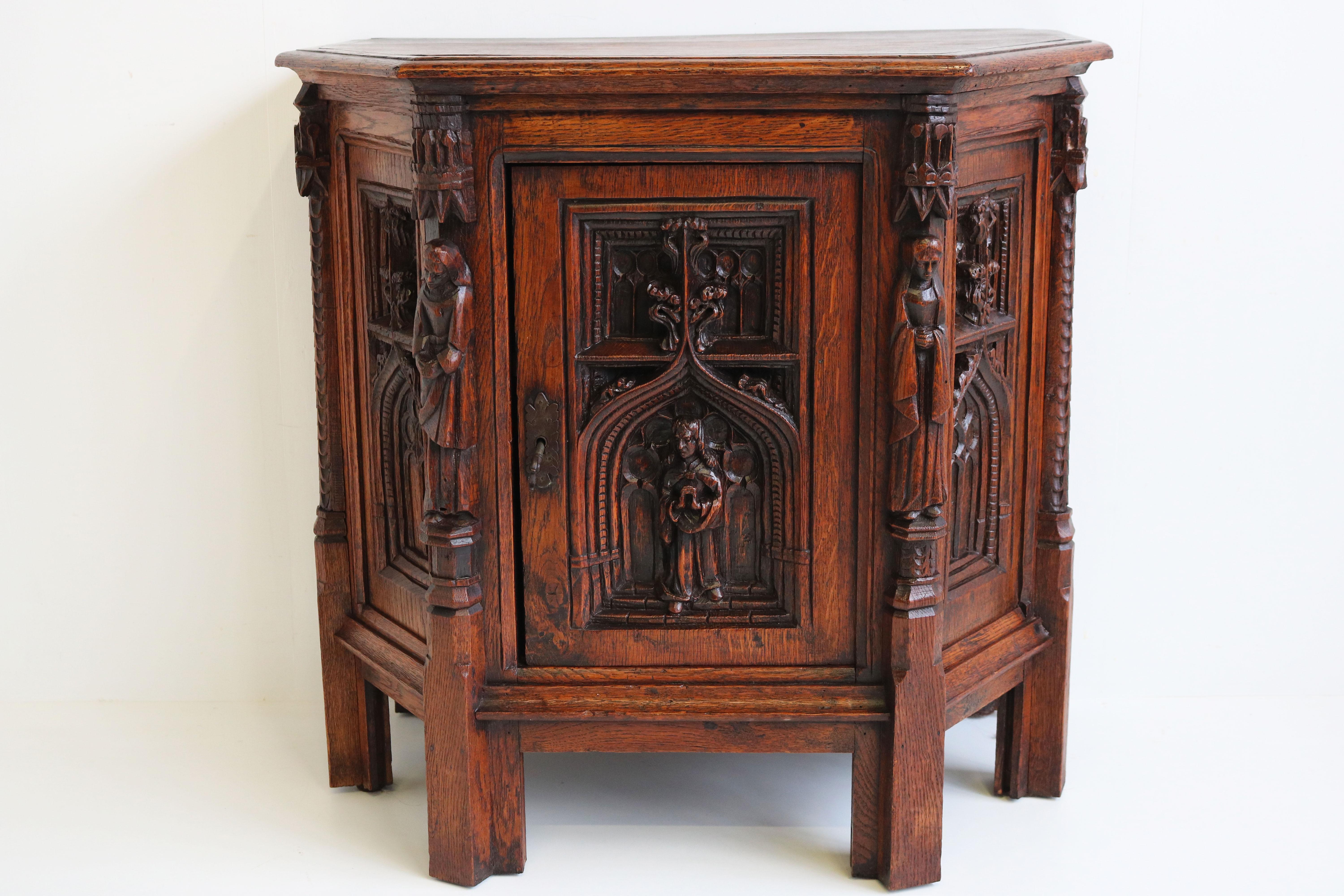 Small Antique Gothic Revival Hexagonal Cabinet 19th Century French Oak Figures 11