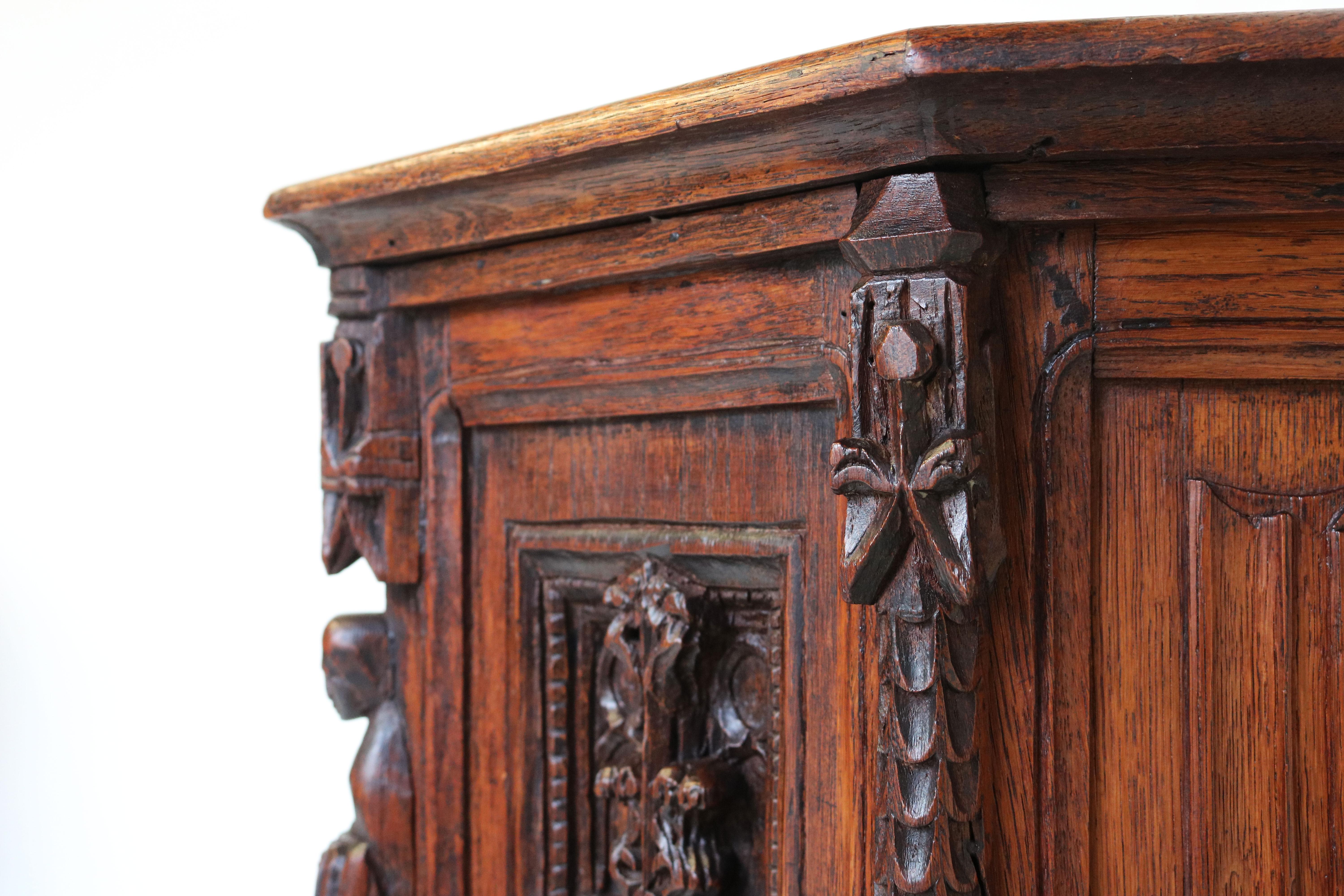 Carved Small Antique Gothic Revival Hexagonal Cabinet 19th Century French Oak Figures