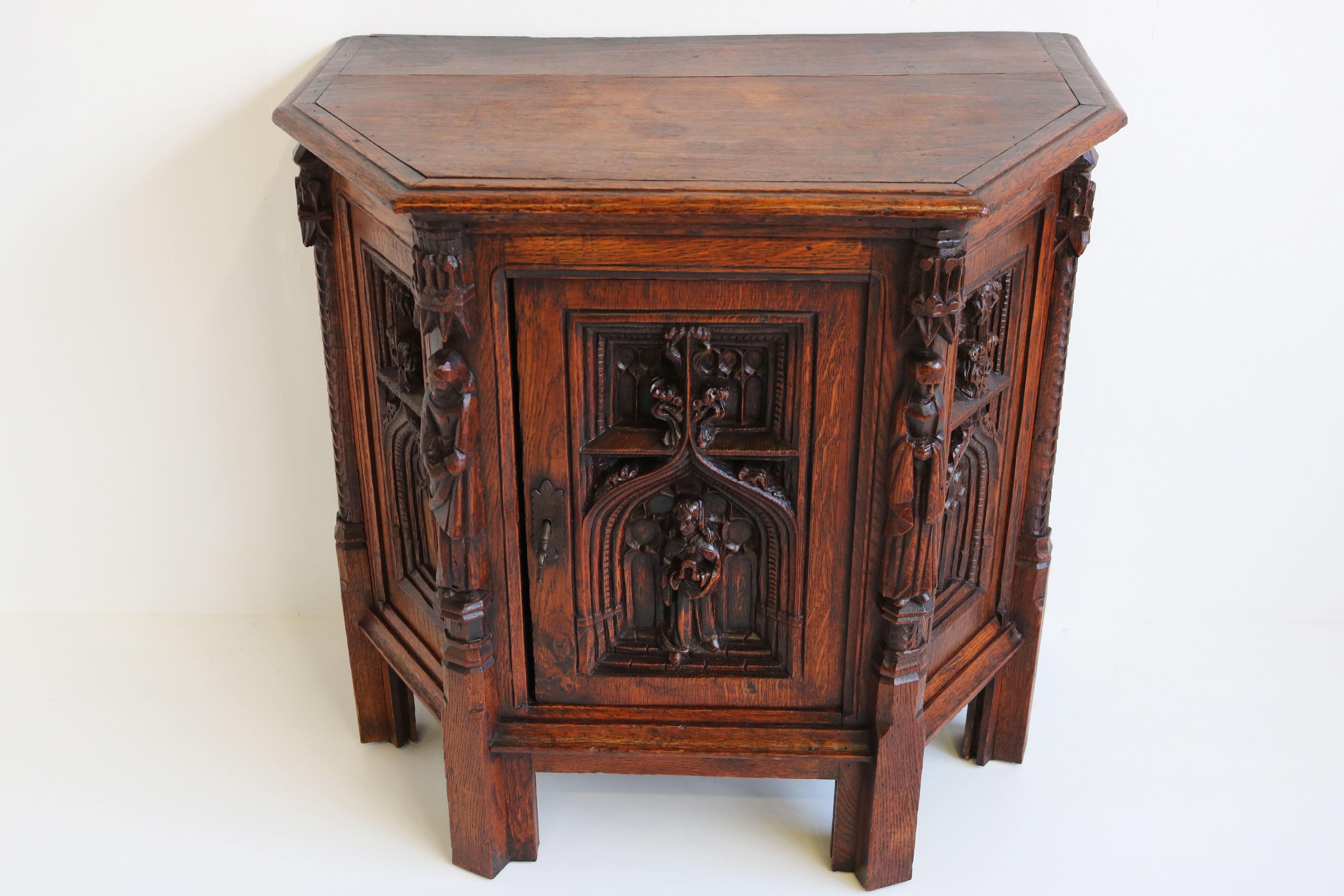 Small Antique Gothic Revival Hexagonal Cabinet 19th Century French Oak Figures 1