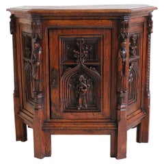 Small Antique Gothic Revival Hexagonal Cabinet 19th Century French Oak Figures