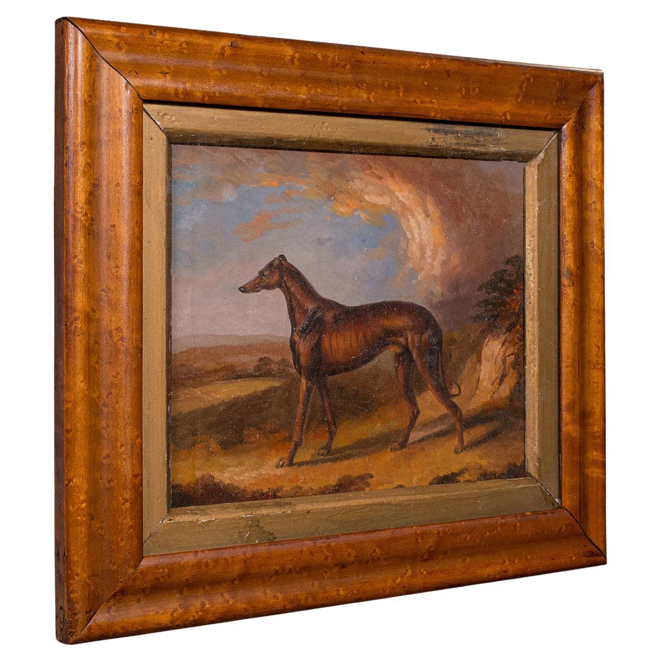 Petite peinture ancienne de lévrier, huile sur panneau, cadre en érable, art canin, victorien