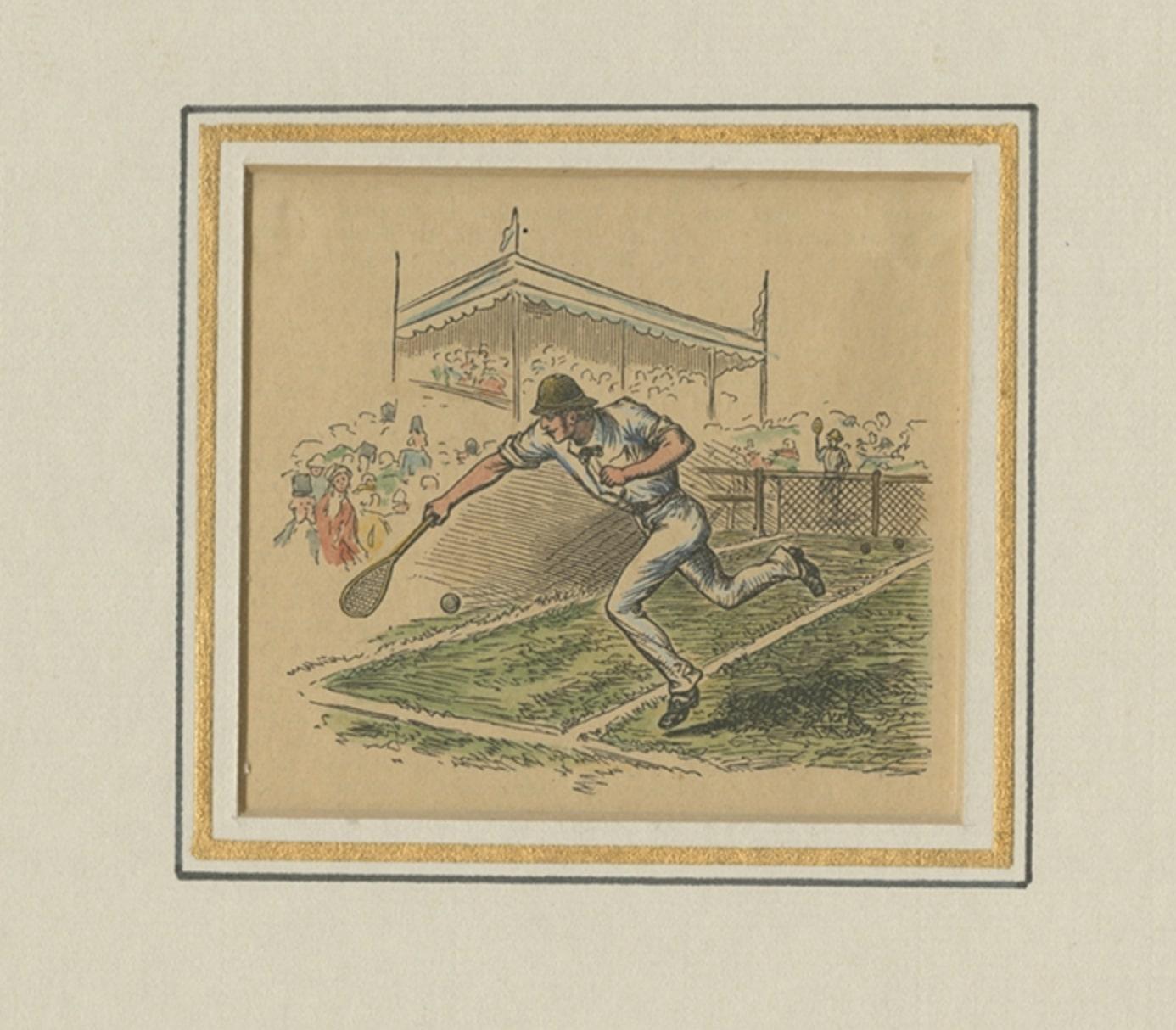 Small Antique Hand-Colored Print of a Man Playing Tennis, c.1890 In Good Condition For Sale In Langweer, NL