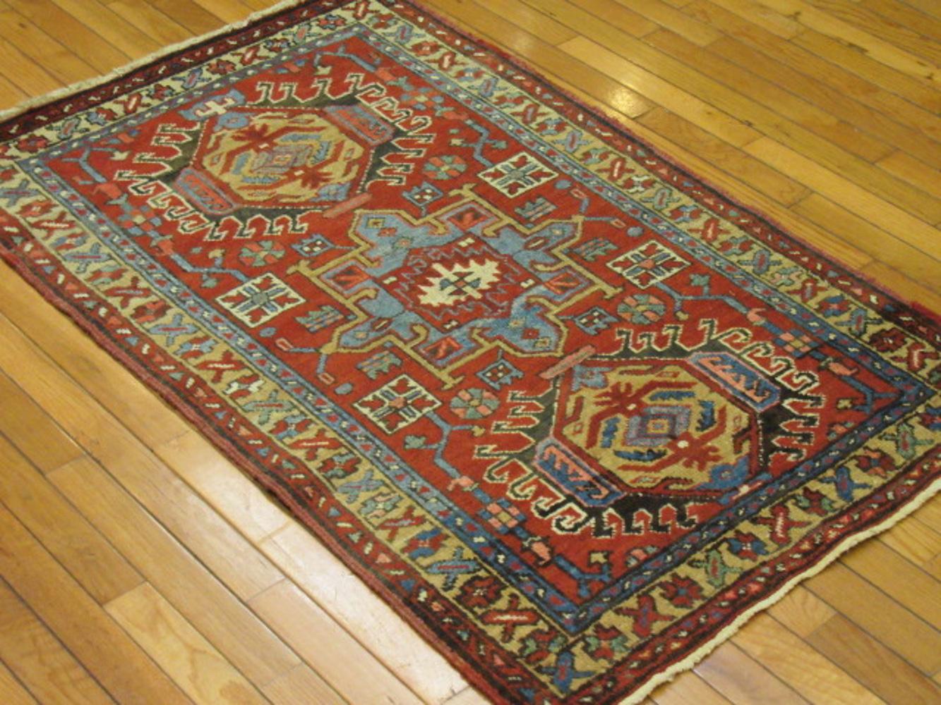 Small Antique Hand-Knotted Wool Persian Heriz Rug For Sale 1