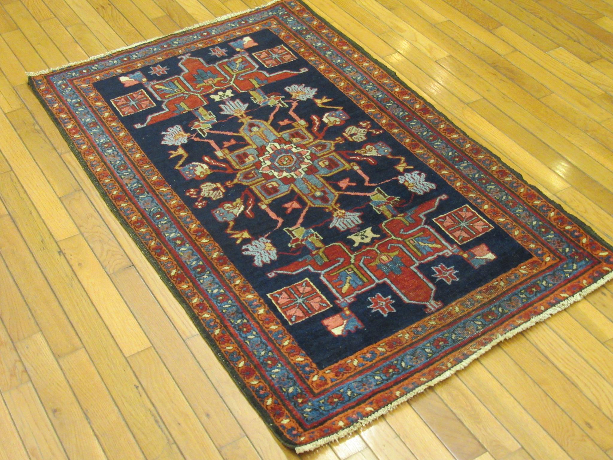 Small Antique Hand Knotted Wool Persian Heriz Rug For Sale 1