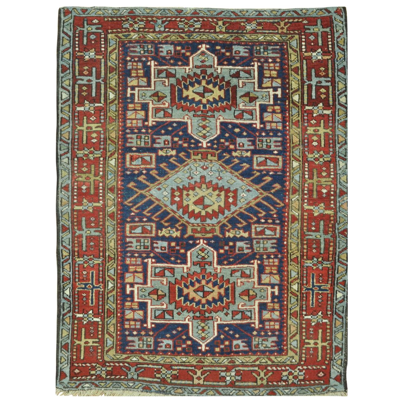 Small Antique Hand-Knotted Wool Persian Heriz Rug